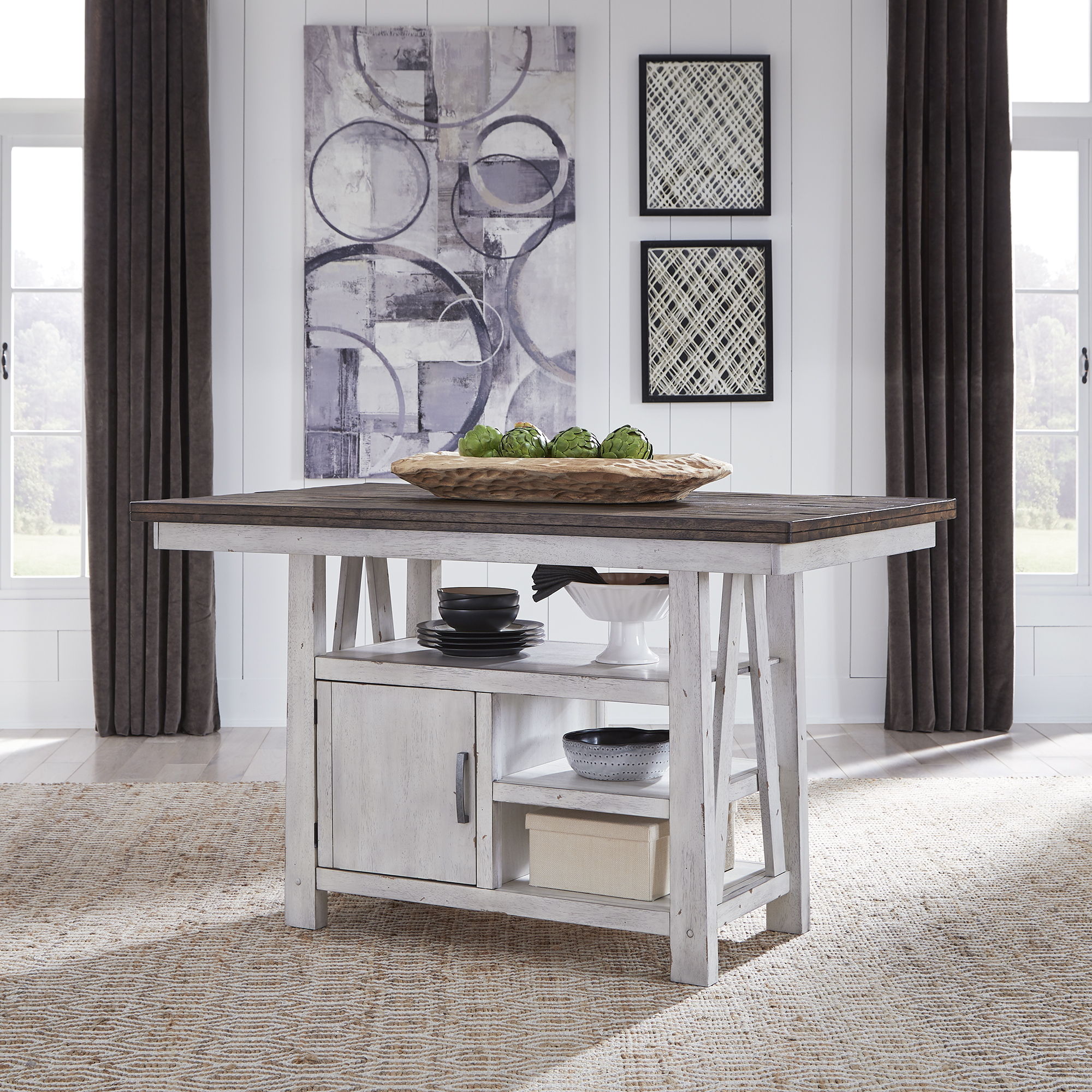 Farmhouse - 5 Piece Gathering Table Set - Two Tone White / Wood Tone