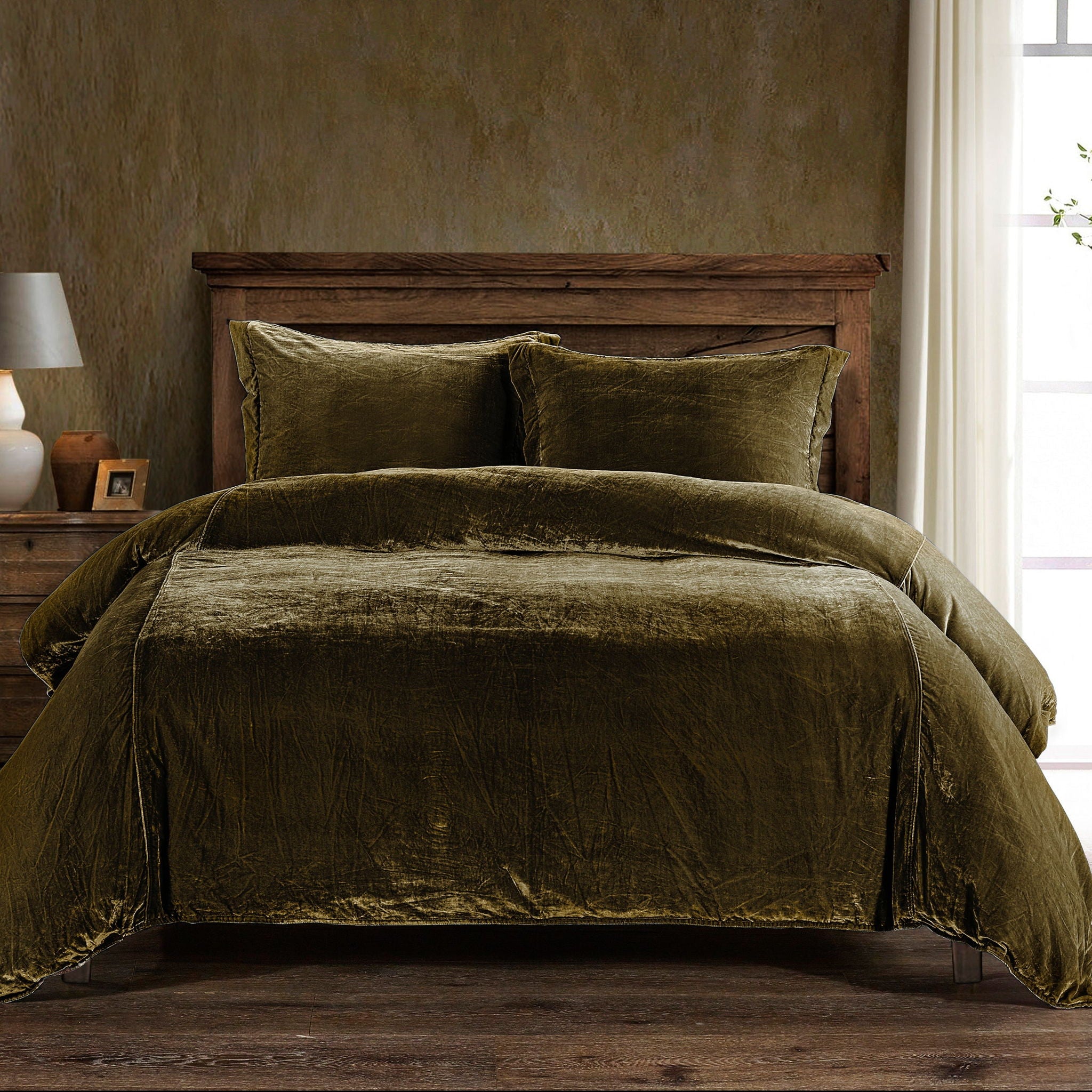 Stella - Queen Faux Silk Velvet Duvet Cover Set (Set of 3) - Green Ochre
