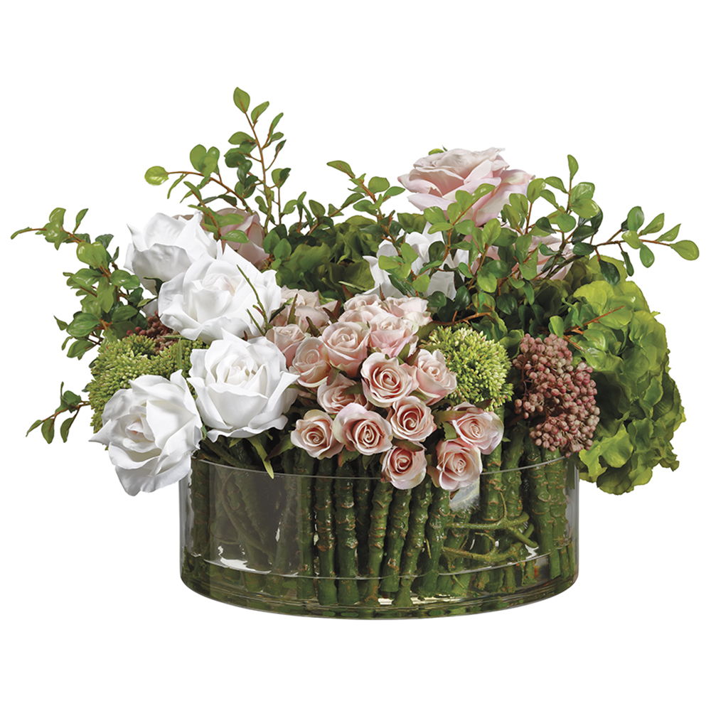 Hydrangea/Rose Mixed in Glass Cylinder Pink White