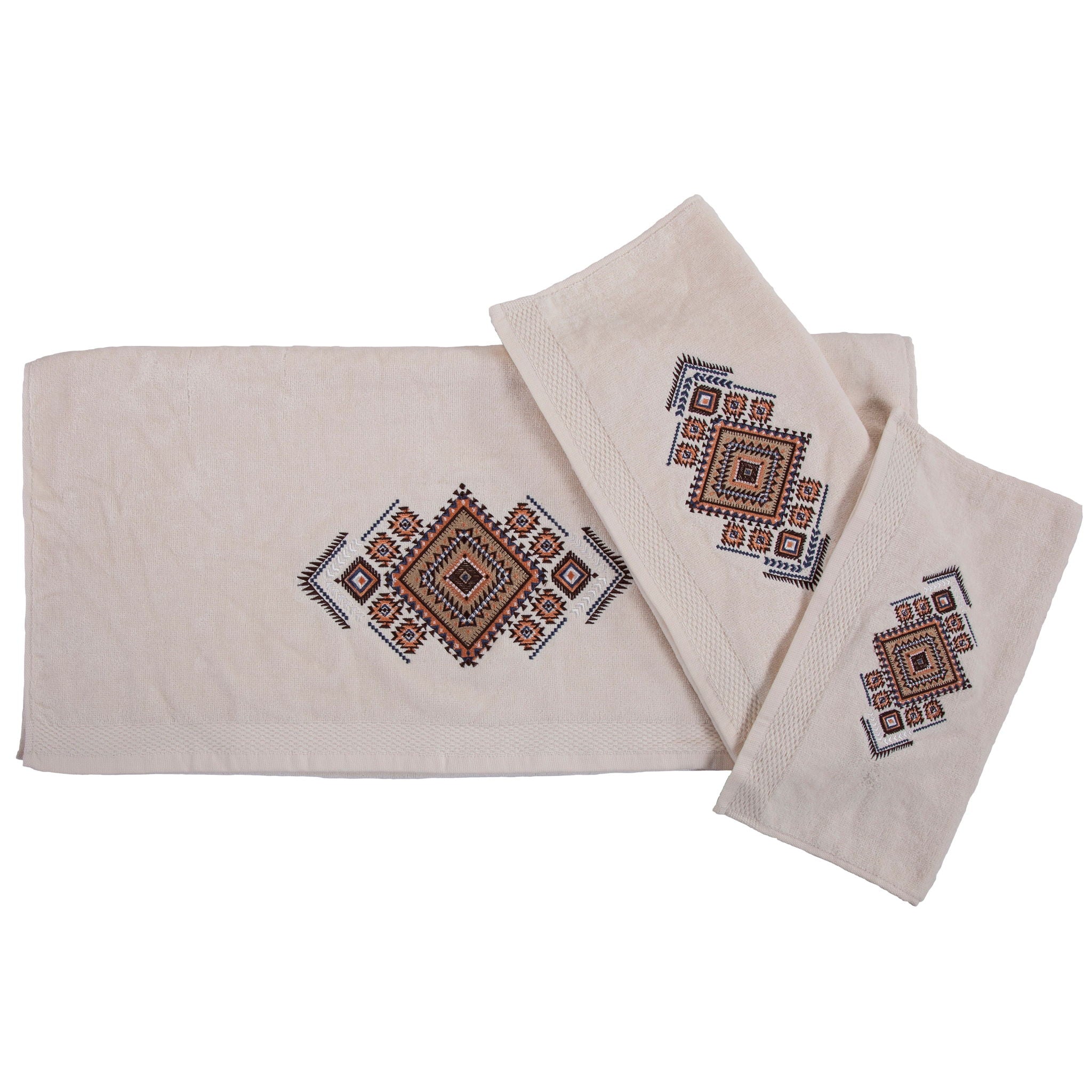 Sedona - Embroidered Aztec Towel Set (Set of 3), 2 Per Carton - Cream
