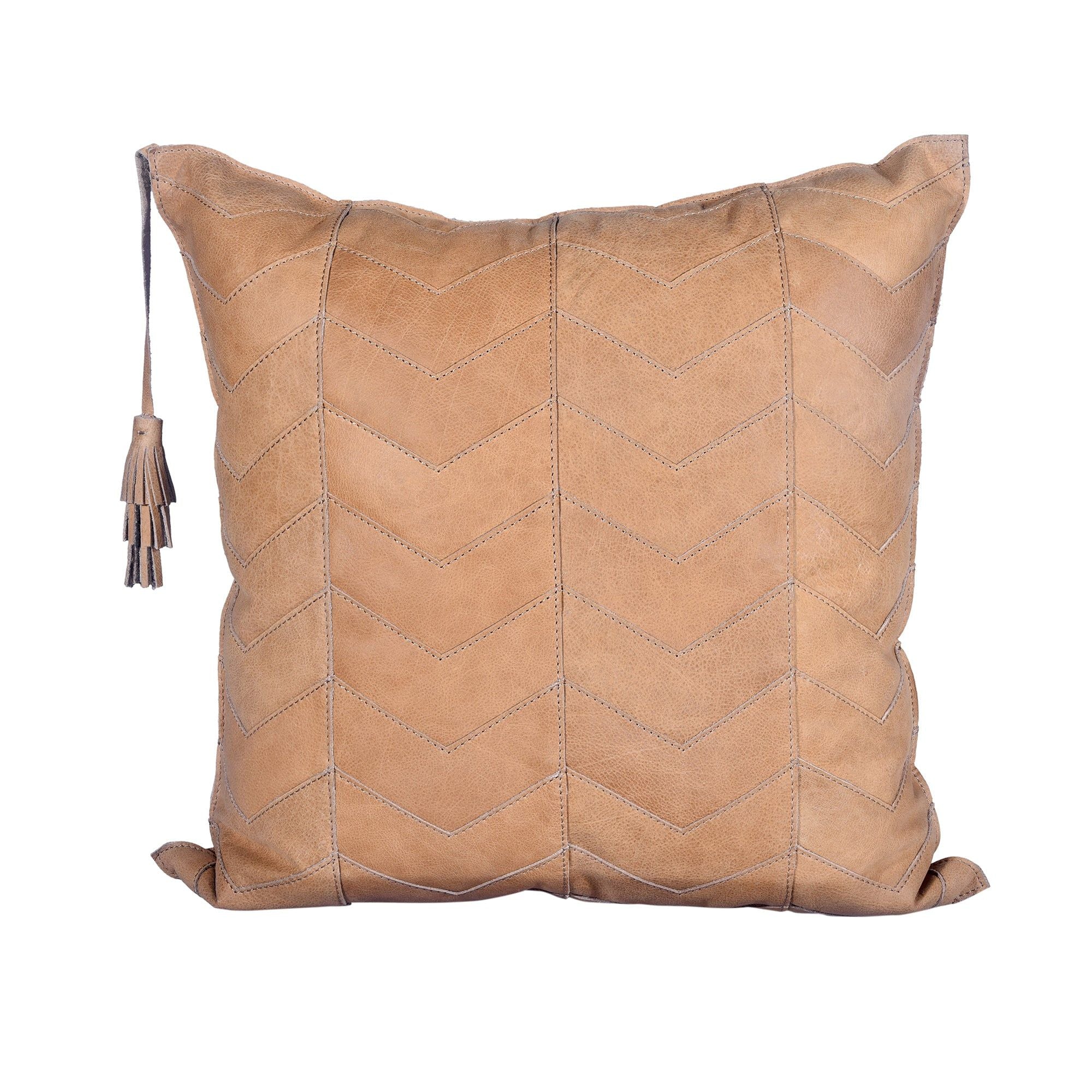 Genuine Leather - Chevron Tasseled Throw Pillow - Tan