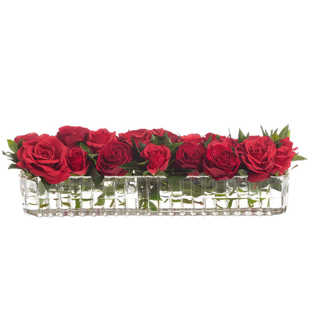 Rose Arrangement in Ribbed Glass Vase Red