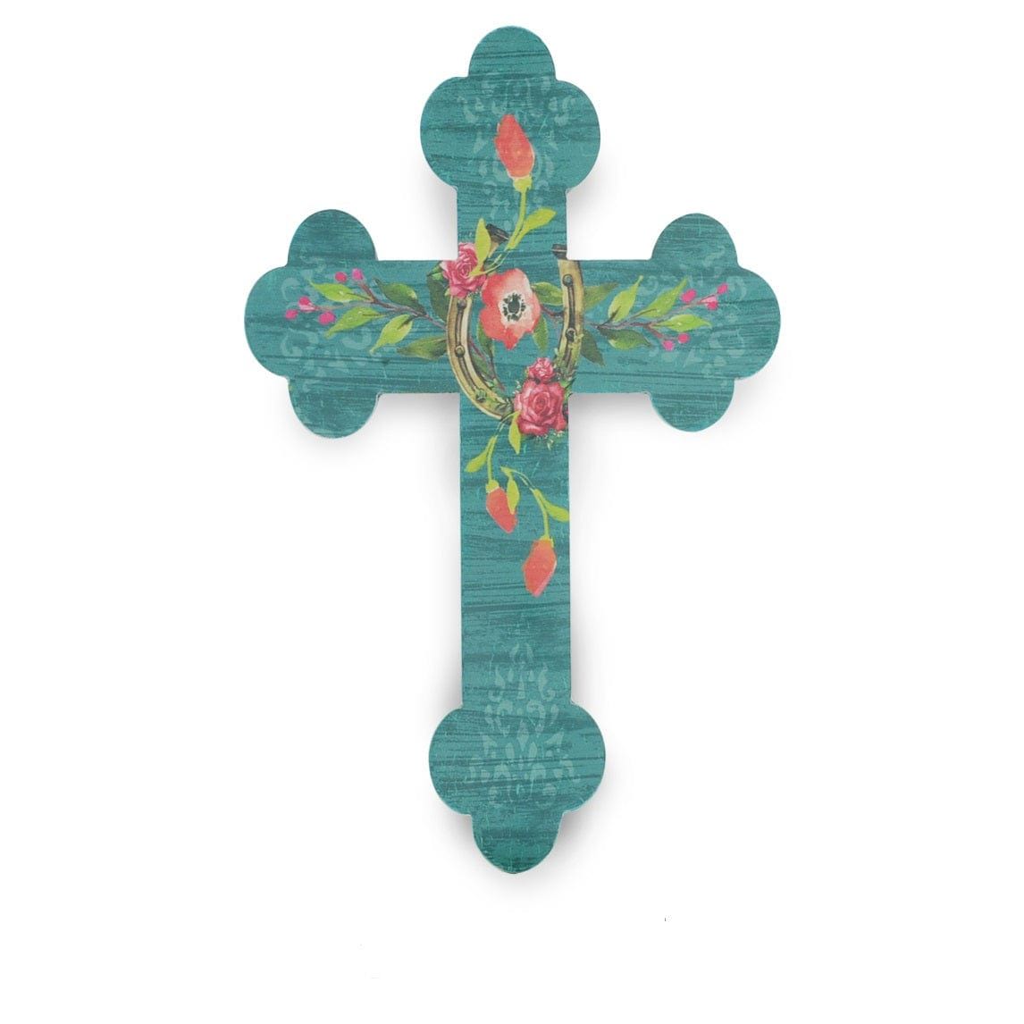 Wall Décor - 19" x 12" Turquoise Floral Horseshoe Cross Wall Décor 4 Per Carton - Turquoise