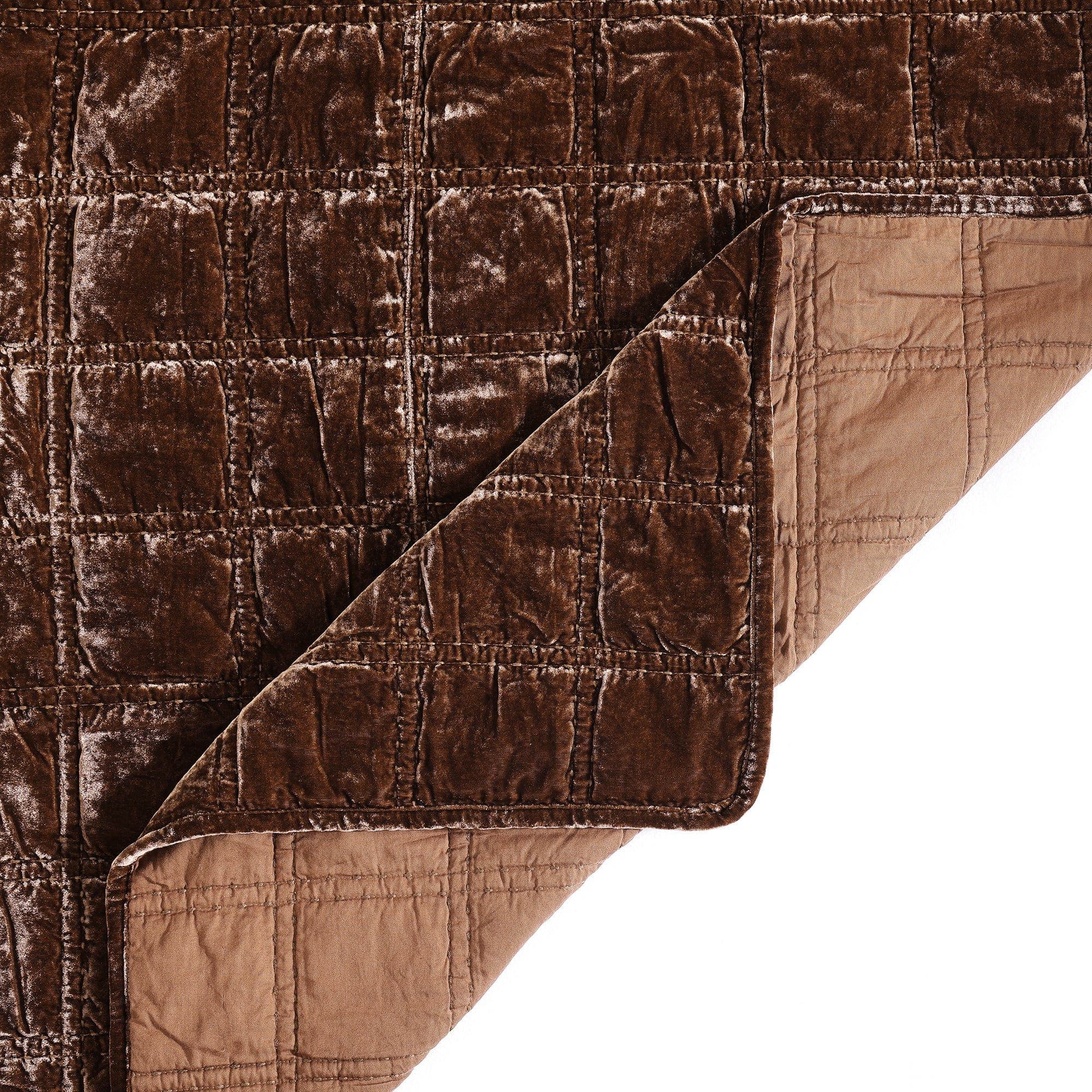 Stella - King Faux Silk Velvet Double Box Stitch Quilt Set (Set of 3) - Copper Brown