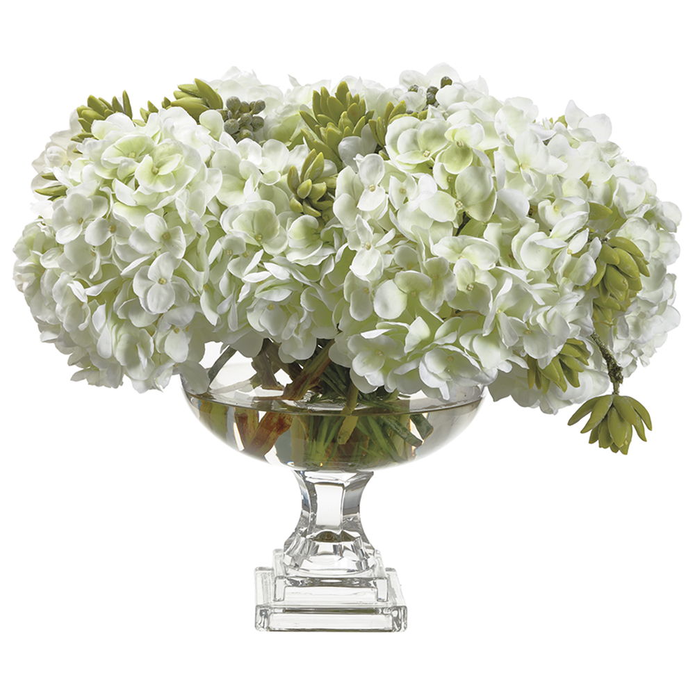 Hydrangea/ Sedum in Footed Glass Vase White Green