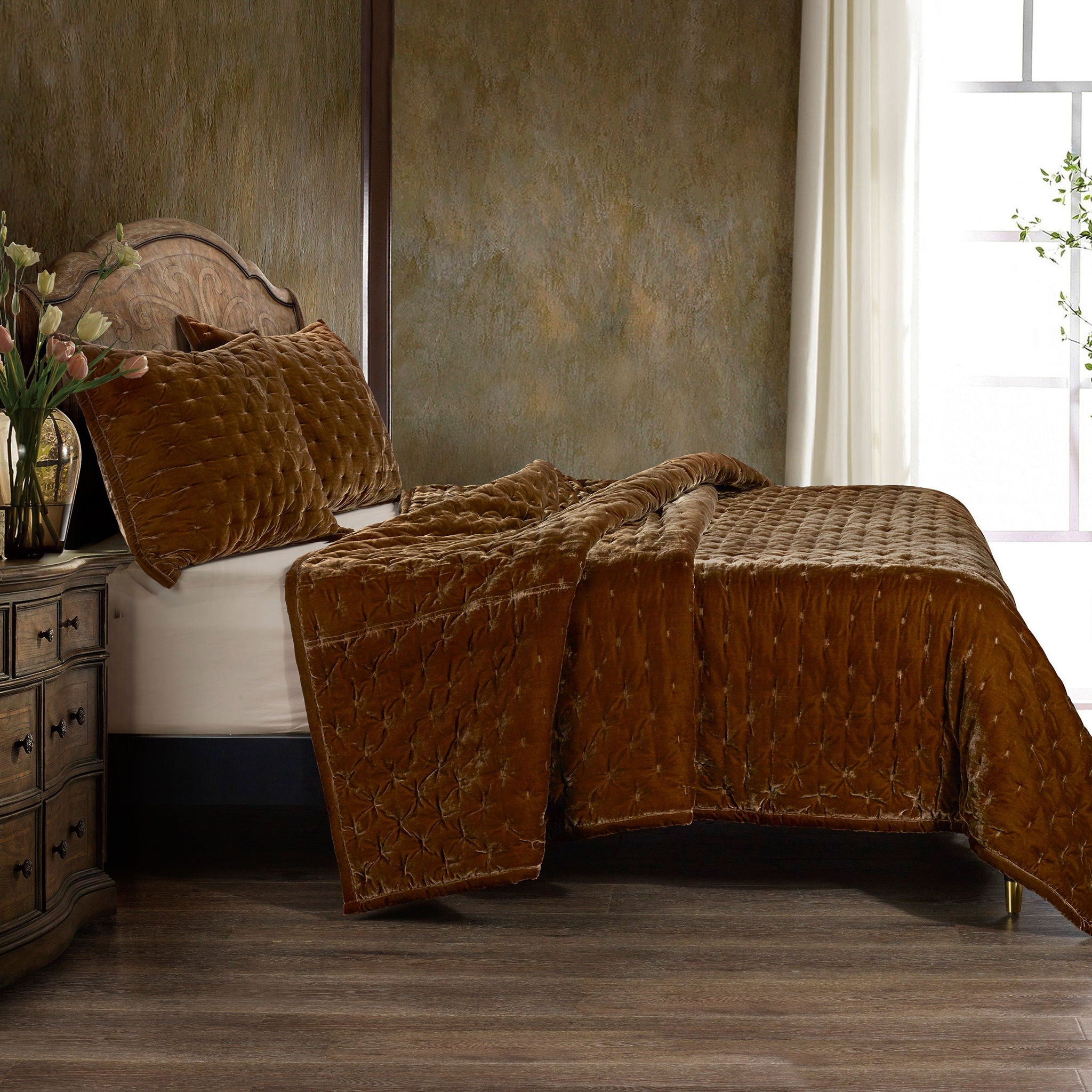 Stella - Twin Faux Silk Velvet Pintuck Quilt - Copper Brown