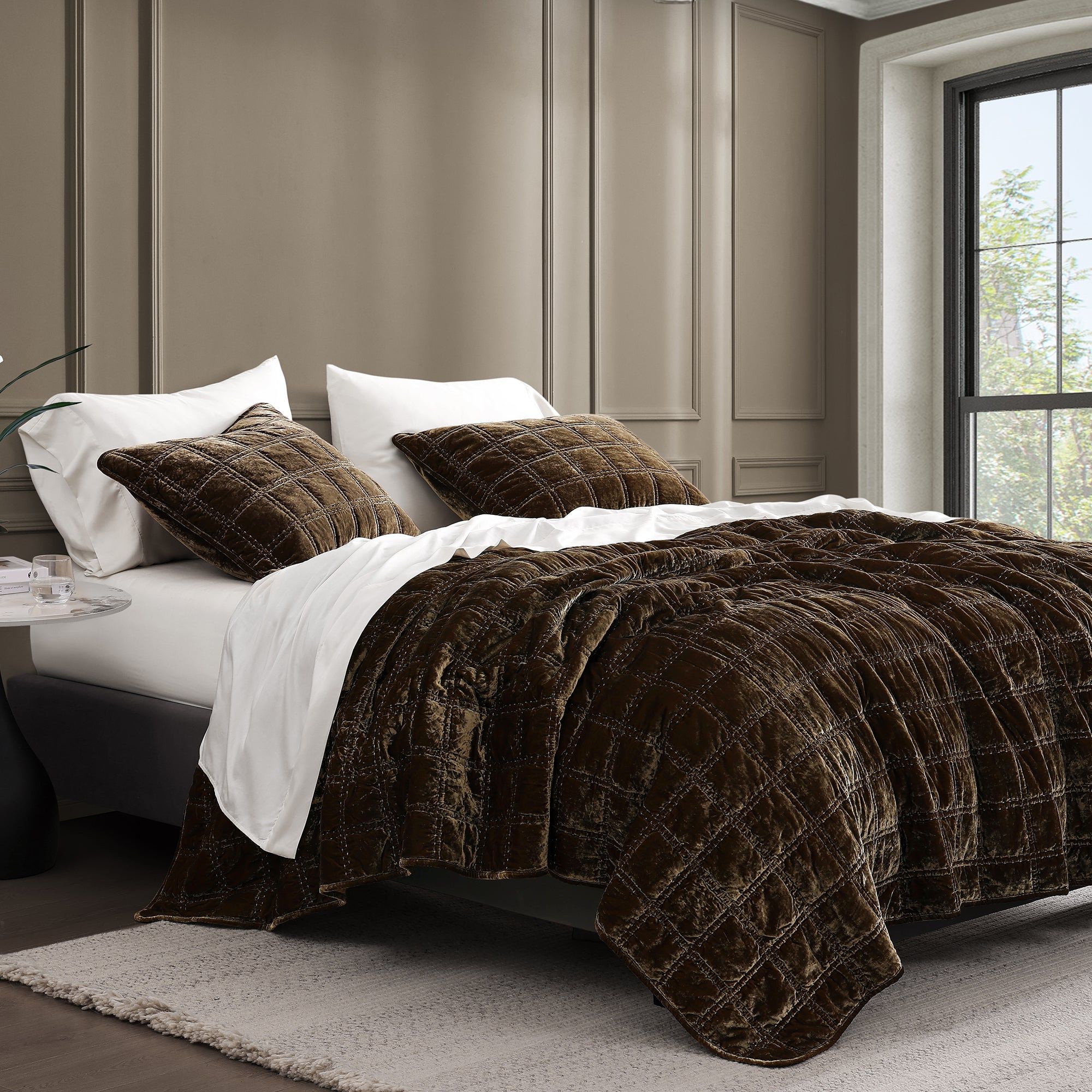 Stella - Full/Queen Faux Silk Velvet Double Box Stitch Quilt Set (Set of 3) - Green Ochre