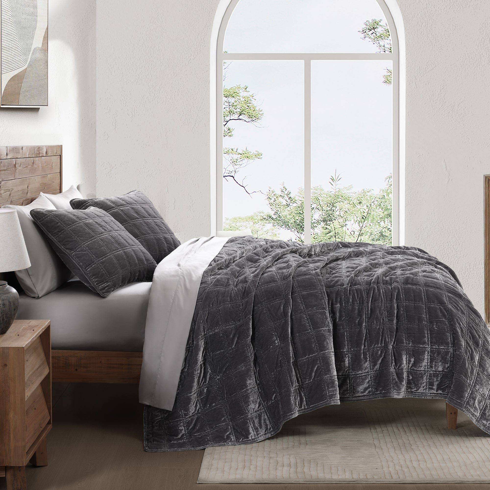 Stella - Full/Queen Faux Silk Velvet Double Box Stitch Quilt Set (Set of 3) - Slate
