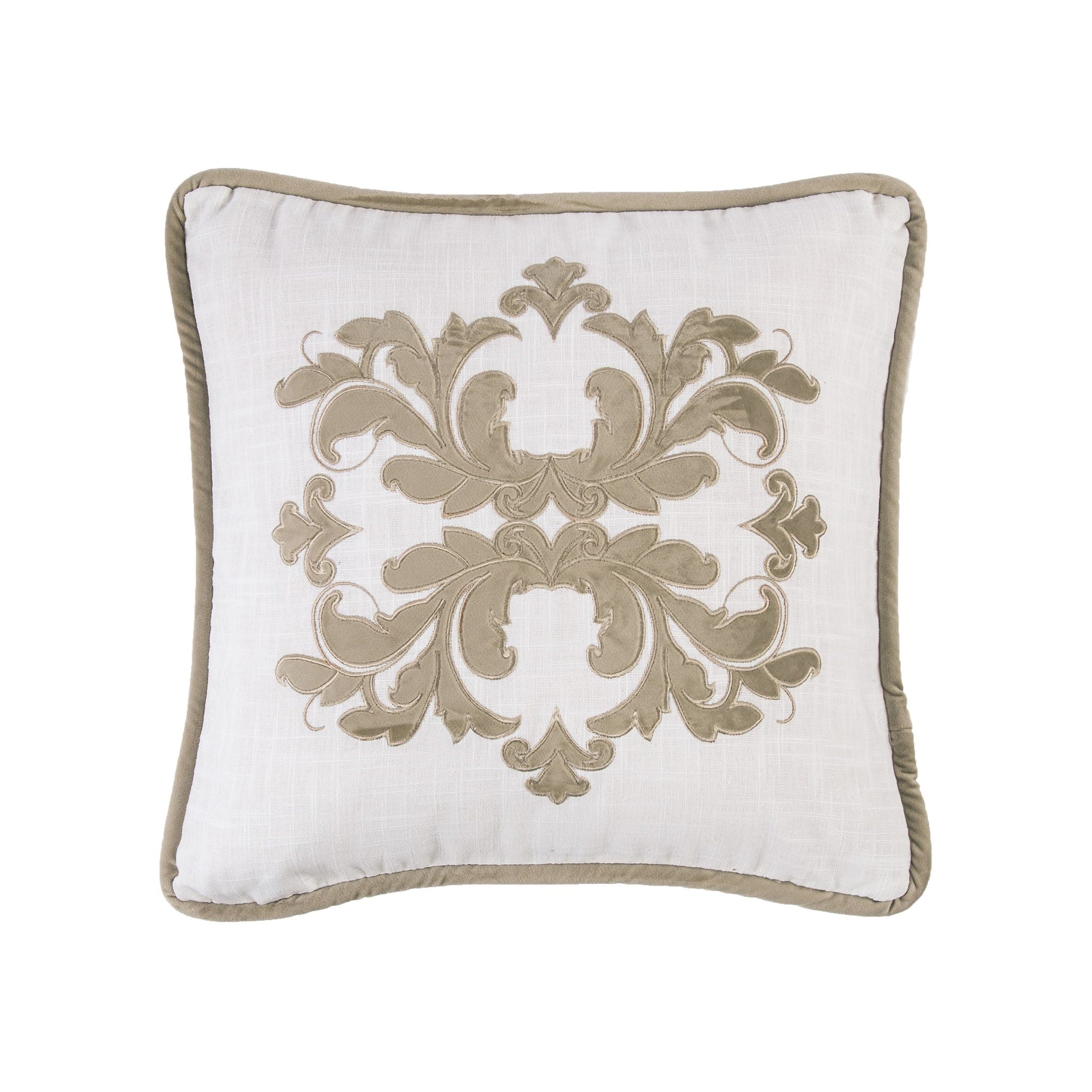Madison - Velvet Embroidered White Square Pillow - Oatmeal