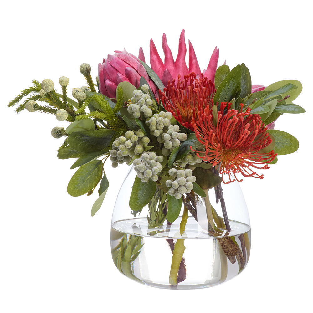 Protea Arrangement in Glass Vase Pink Green