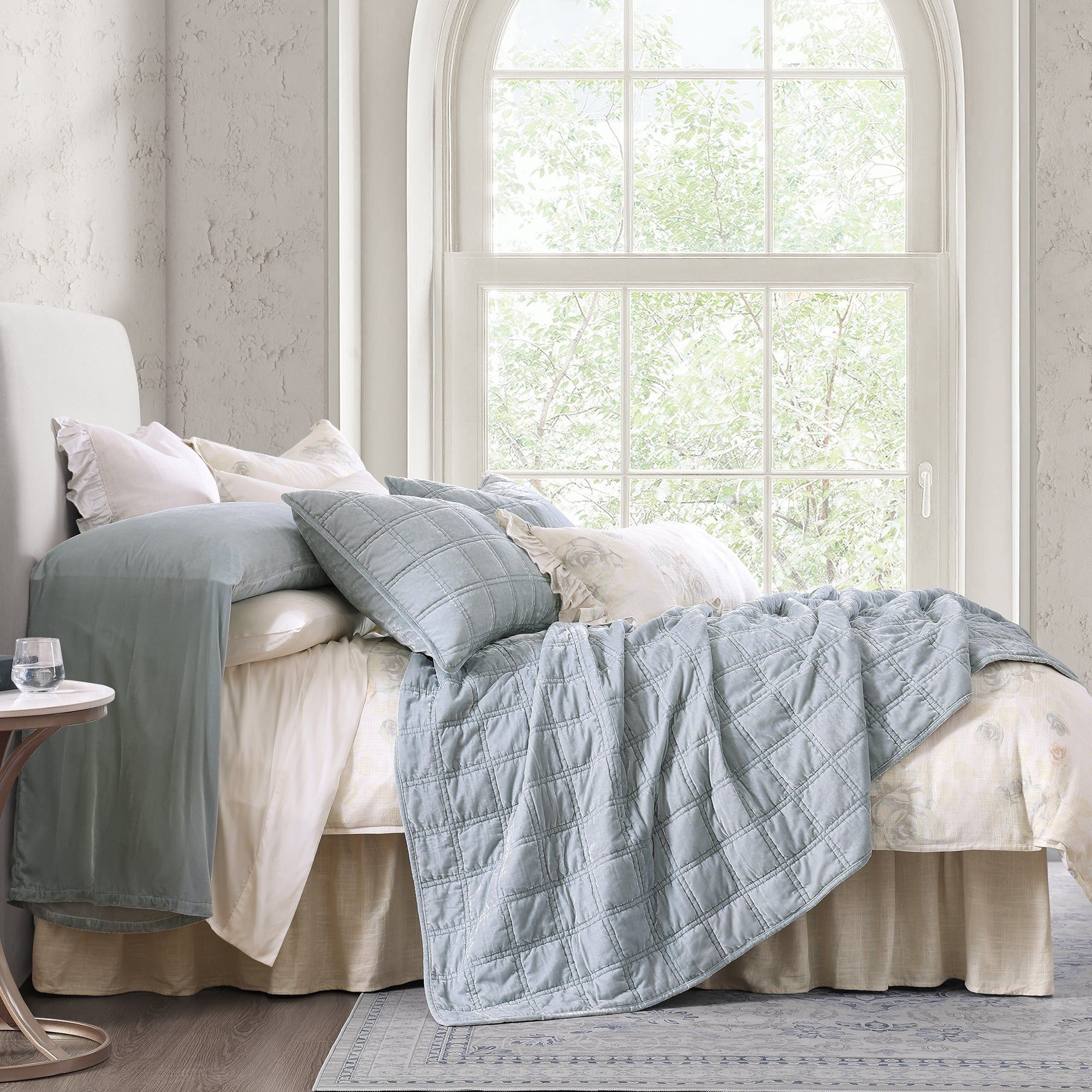 Stella - King Faux Silk Velvet Double Box Stitch Quilt Set (Set of 3) - Icy Blue
