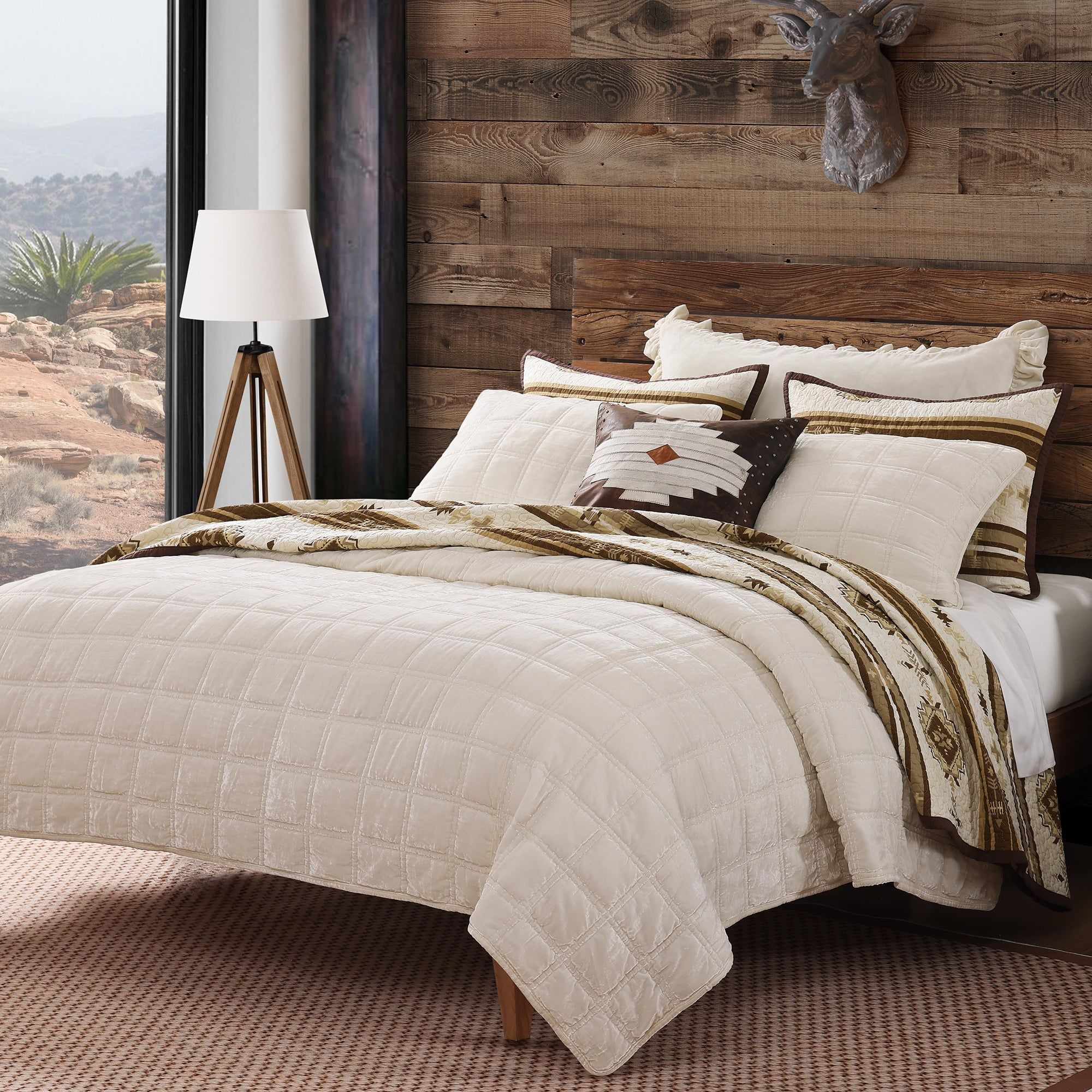 Stella - Full/Queen Faux Silk Velvet Double Box Stitch Quilt Set (Set of 3) - Stone