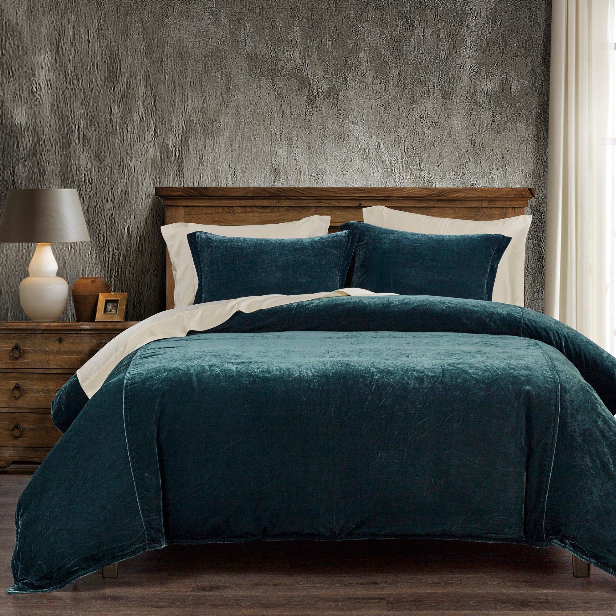 Stella - Queen Faux Silk Velvet Duvet Cover Set (Set of 3) - Storm Blue