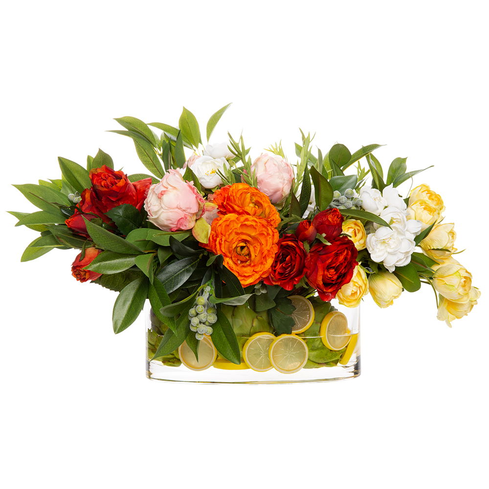 Ranunculus/Peony/Lemon in Glass Vase Cream Green