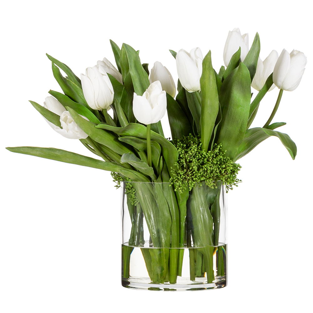 Tulip/Sedum in Glass Vase White Green