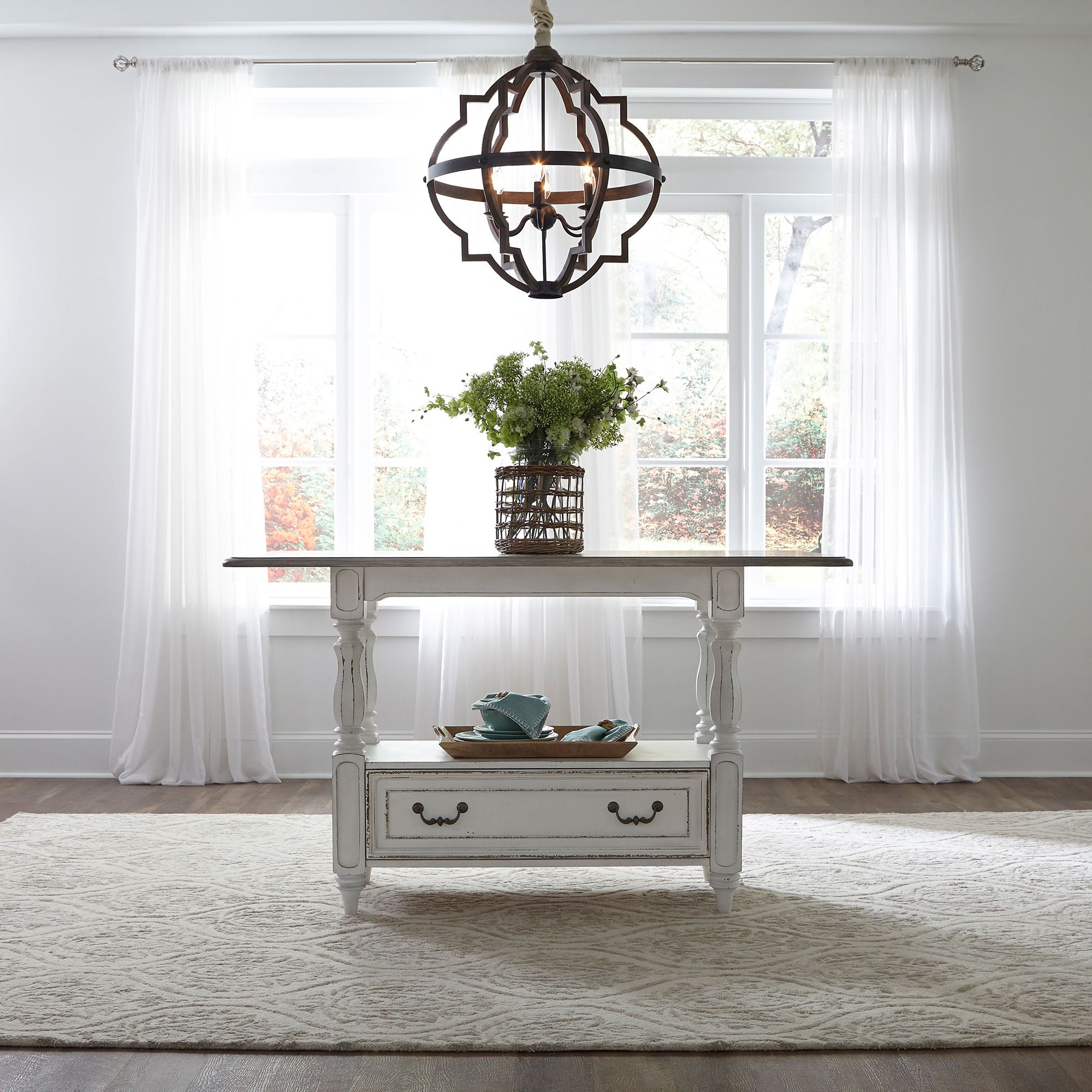Magnolia Manor - 5 Piece Gathering Table Set - Antique White / Dark Brown