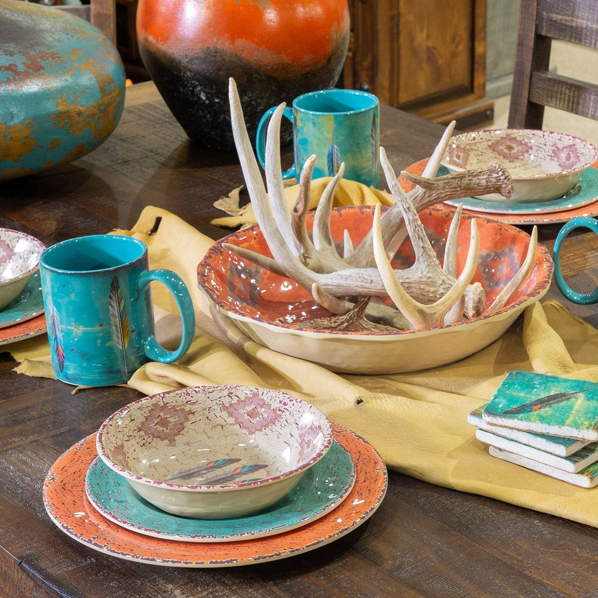 Tossed Feather - Feather Melamine Dinnerware Set (Set of 14), 2 Per Carton - Orange / Blue