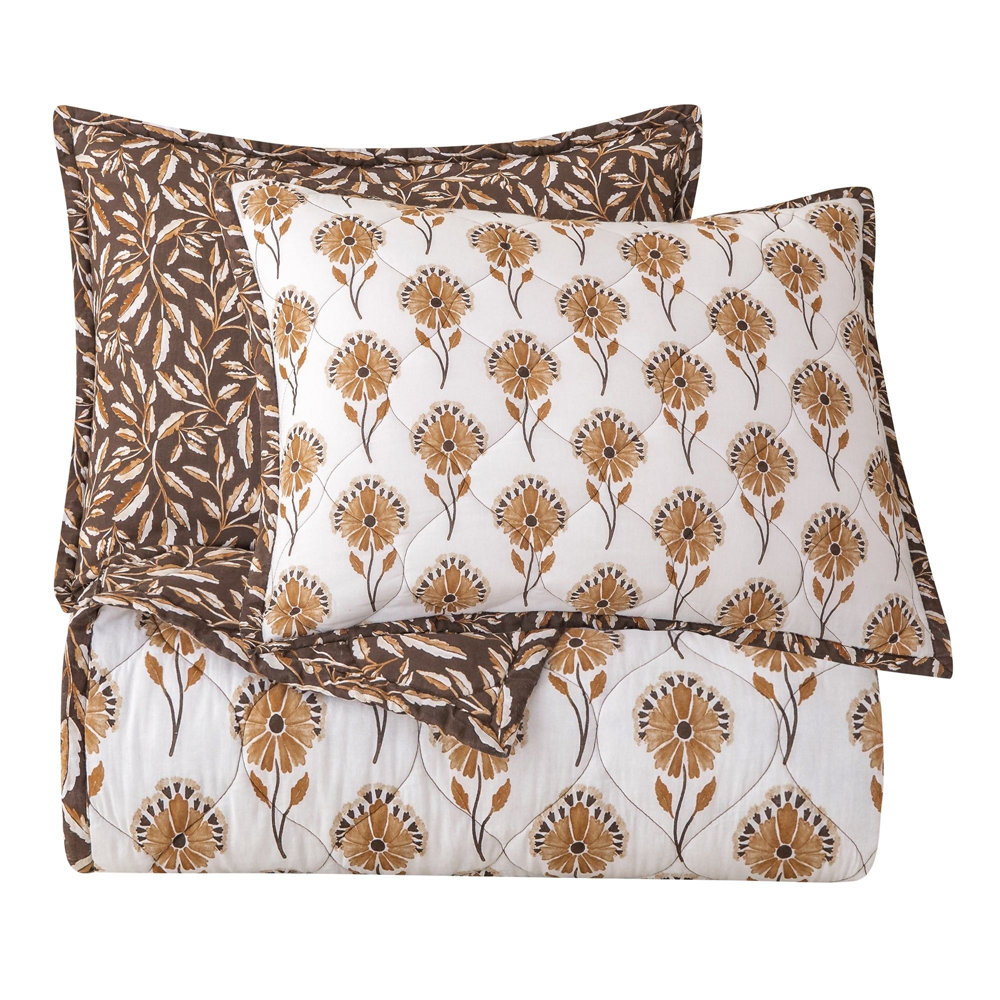 Woodstock - Full/Queen Reversible Quilt Set (Set of 3) - White / Tan