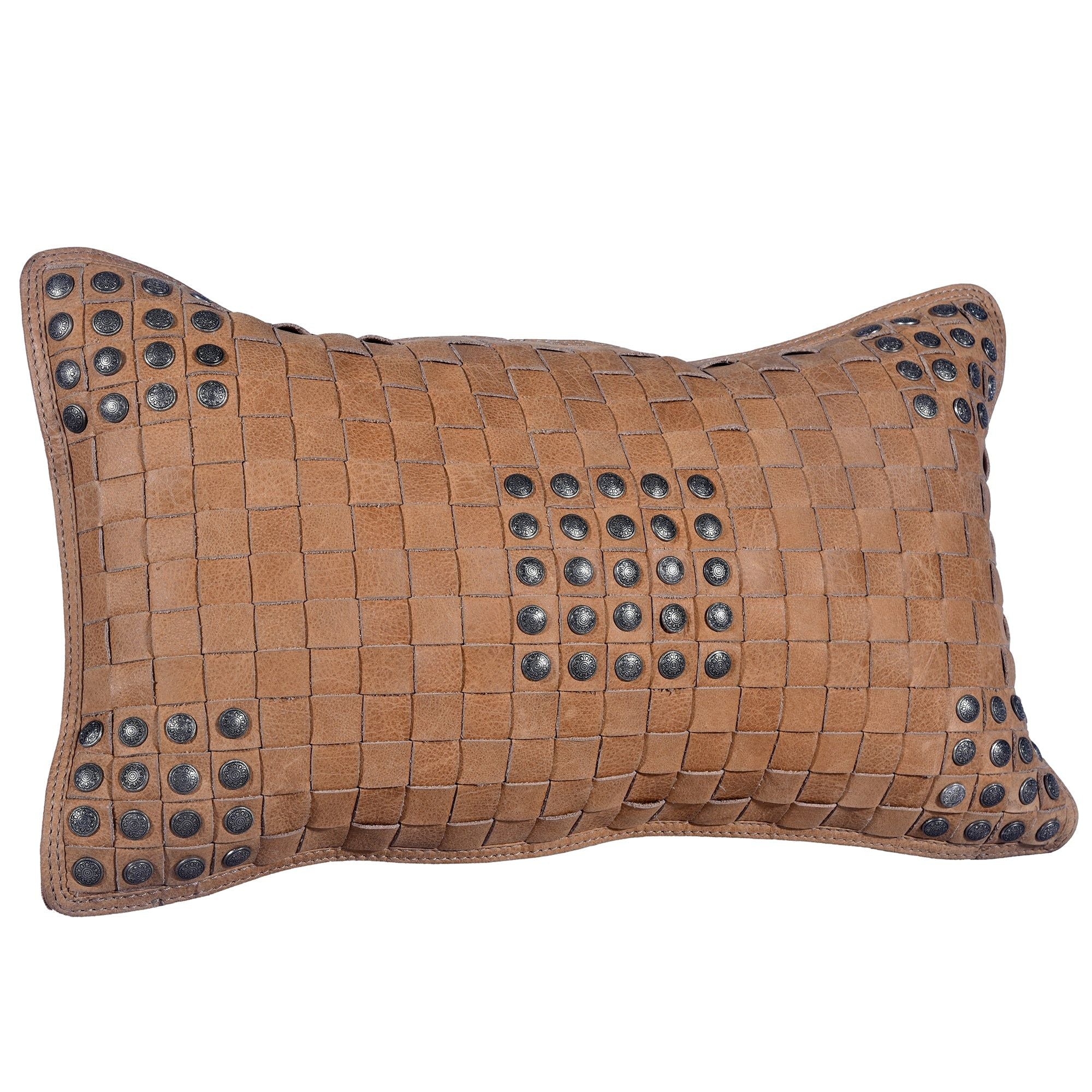 Genuine Leather - Studded Basket Weave Pillow - Tan