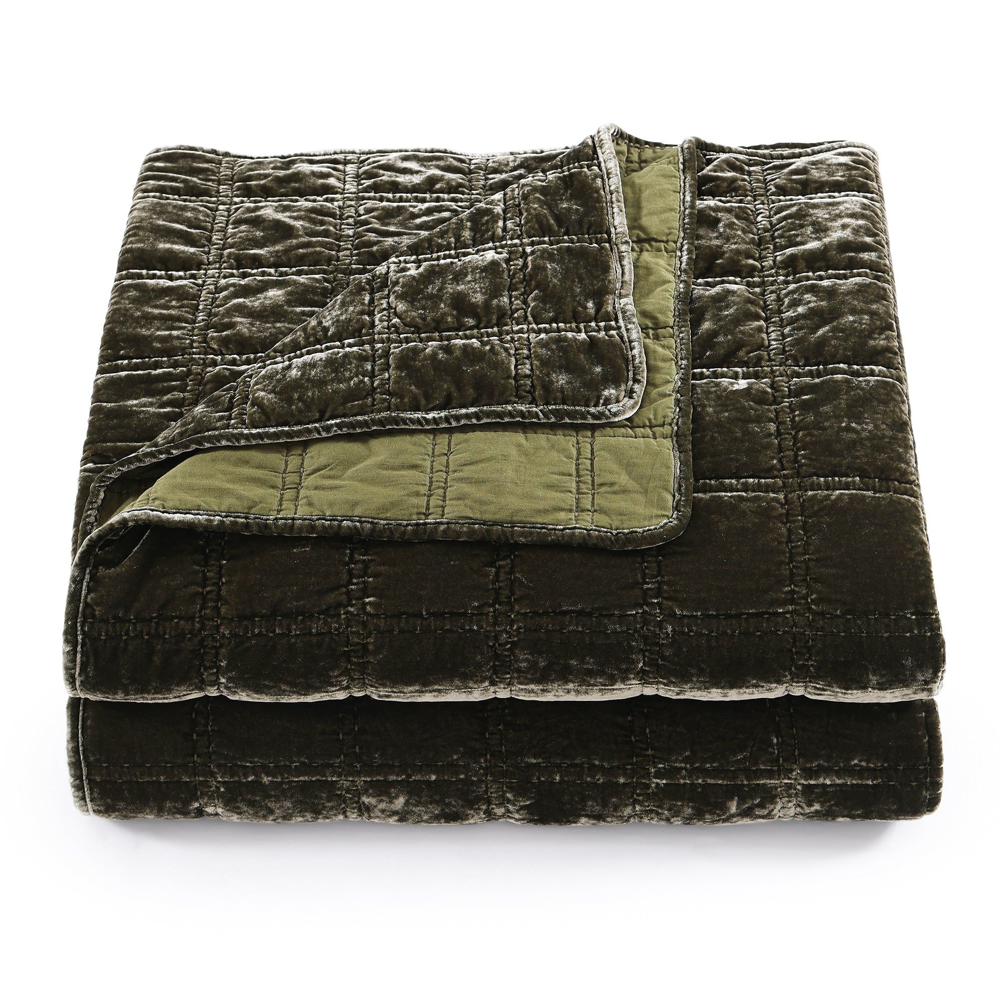 Stella - King Faux Silk Velvet Double Box Stitch Quilt Set (Set of 3) - Fern Green