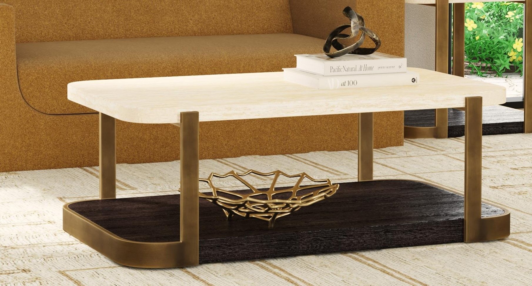 Avalon - Cocktail Table - Bronze Metal Frame With Travertine & Espresso
