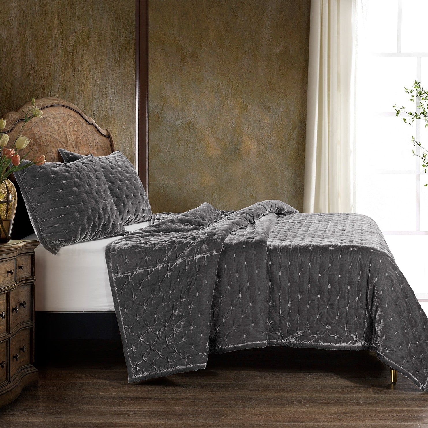 Stella - Full/Queen Faux Silk Velvet Pintuck Quilt Set (Set of 3) - Dark Slate