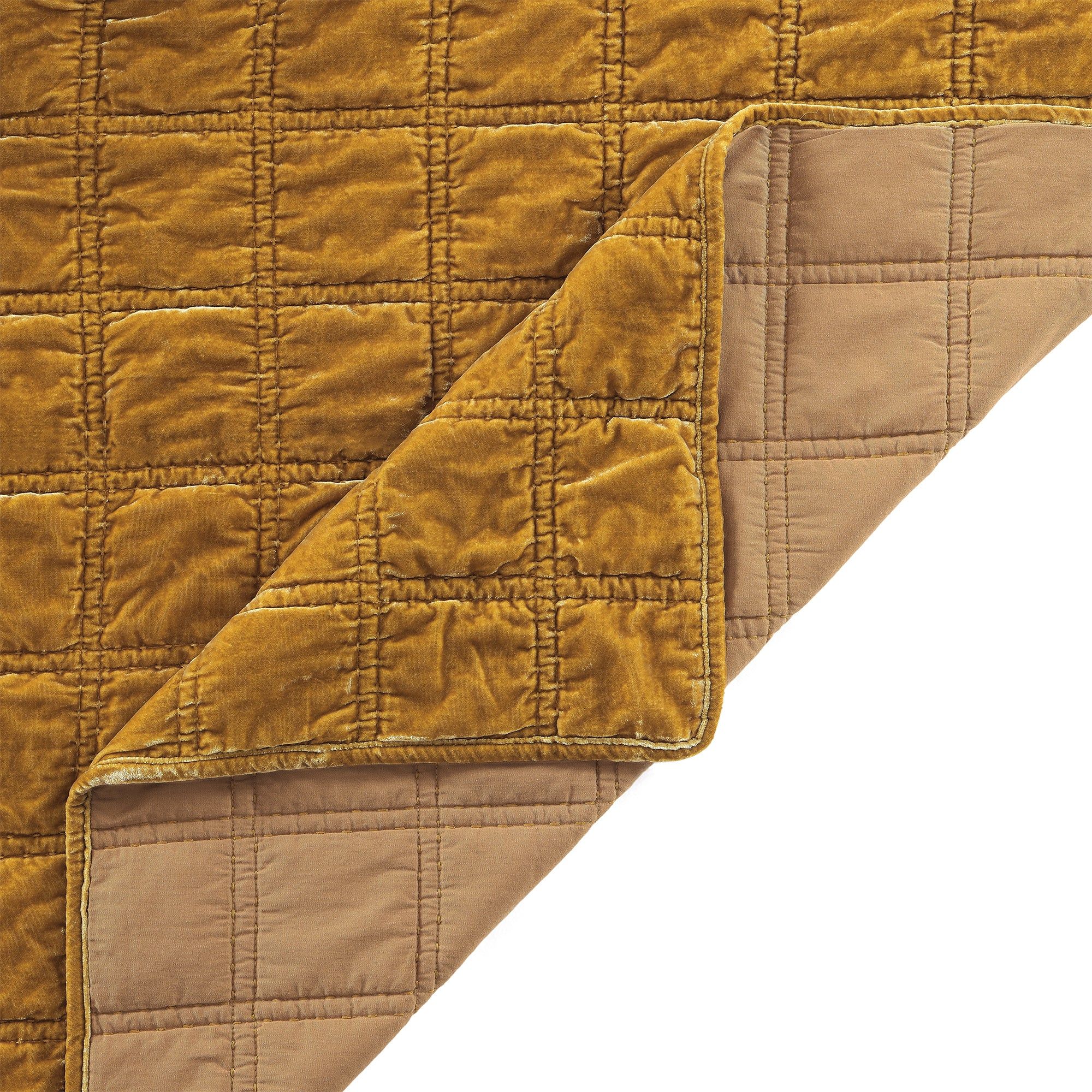 Stella - Full/Queen Faux Silk Velvet Double Box Stitch Quilt Set (Set of 3) - Saffron