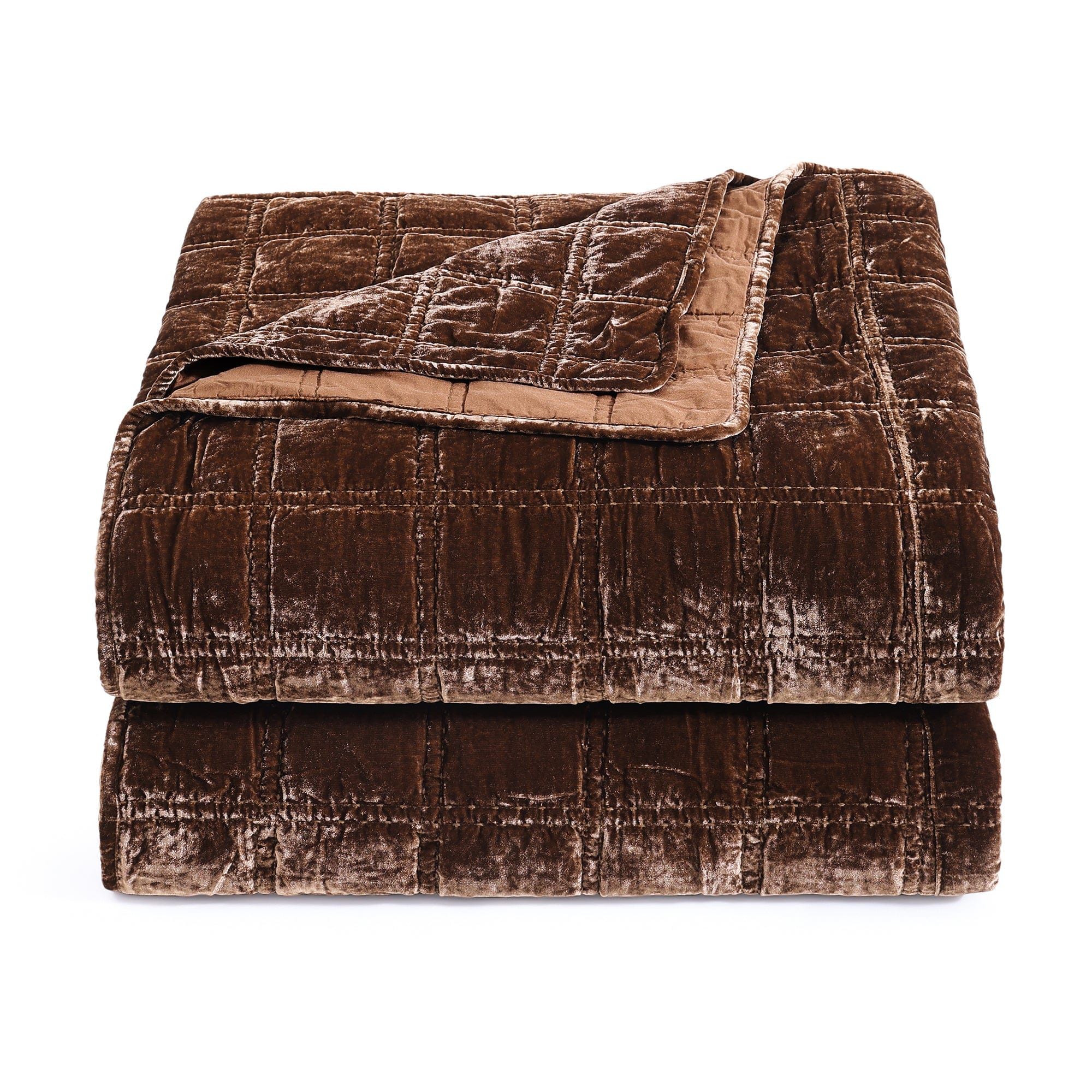 Stella - Full/Queen Faux Silk Velvet Double Box Stitch Quilt Set (Set of 3) - Copper Brown