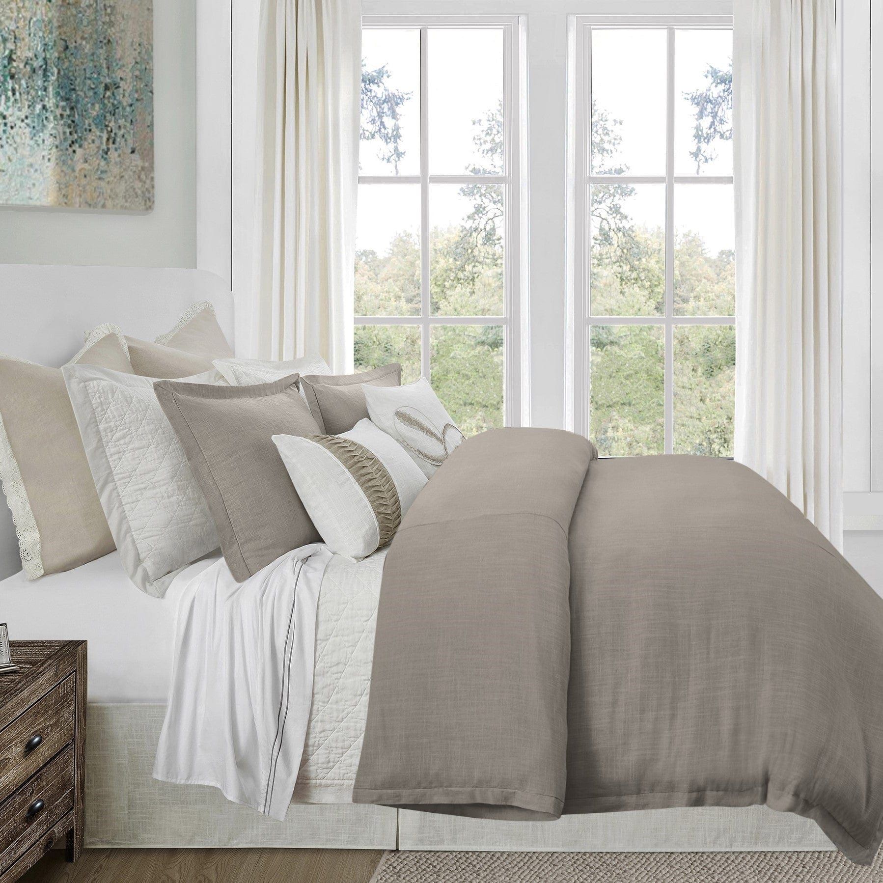 Hera - Twin Washed Linen Flange Duvet Cover - Taupe