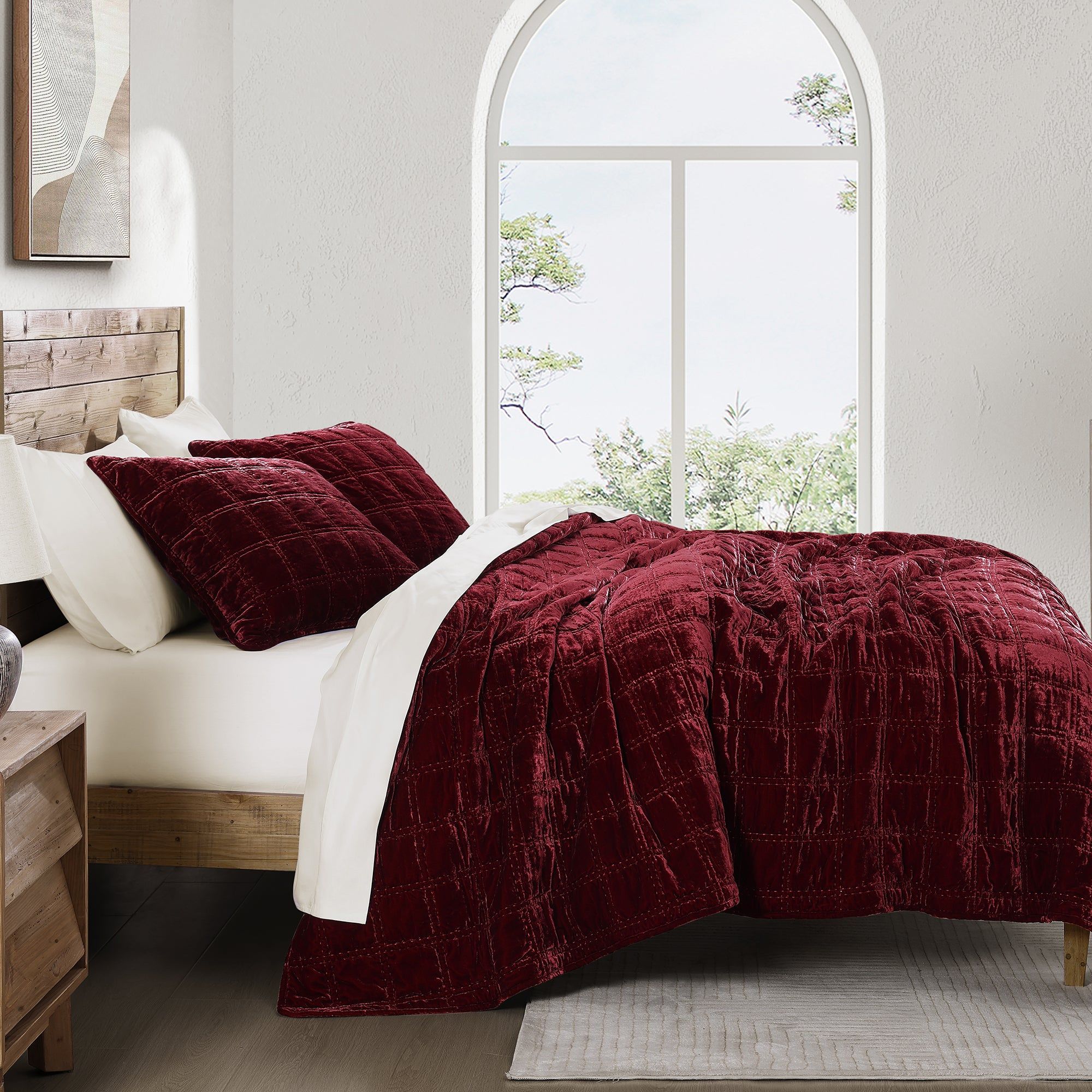 Stella - King Faux Silk Velvet Double Box Stitch Quilt Set (Set of 3) - Garnet Red