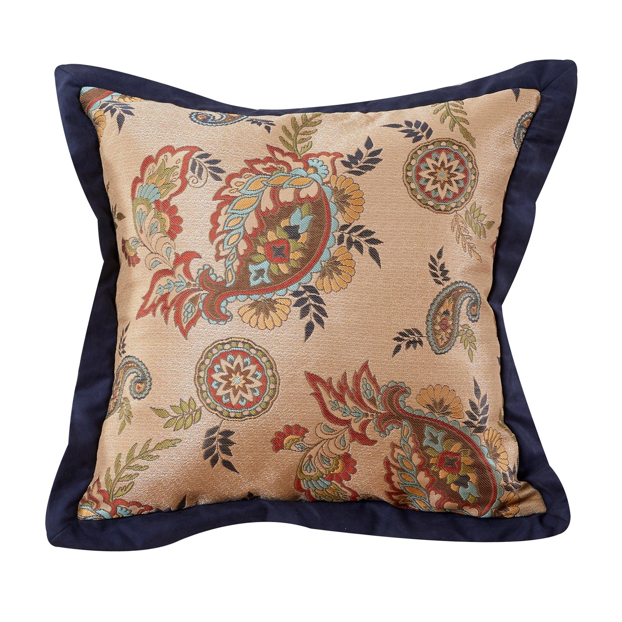 Tammy - Flanged Paisley Square Pillow - Gold / Navy / Red
