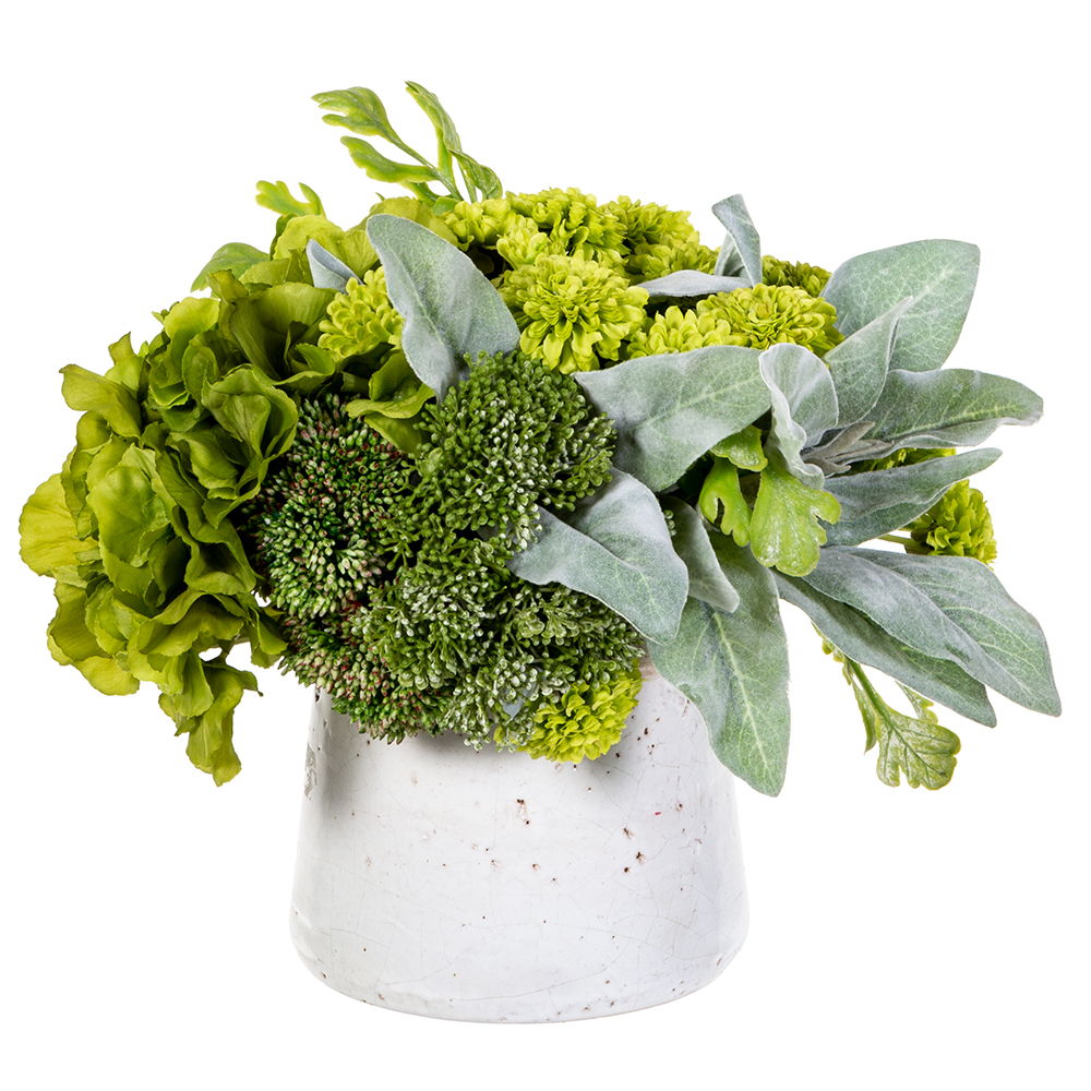 Pompom/Fern/Lambs Ear in Stoneware Container Green