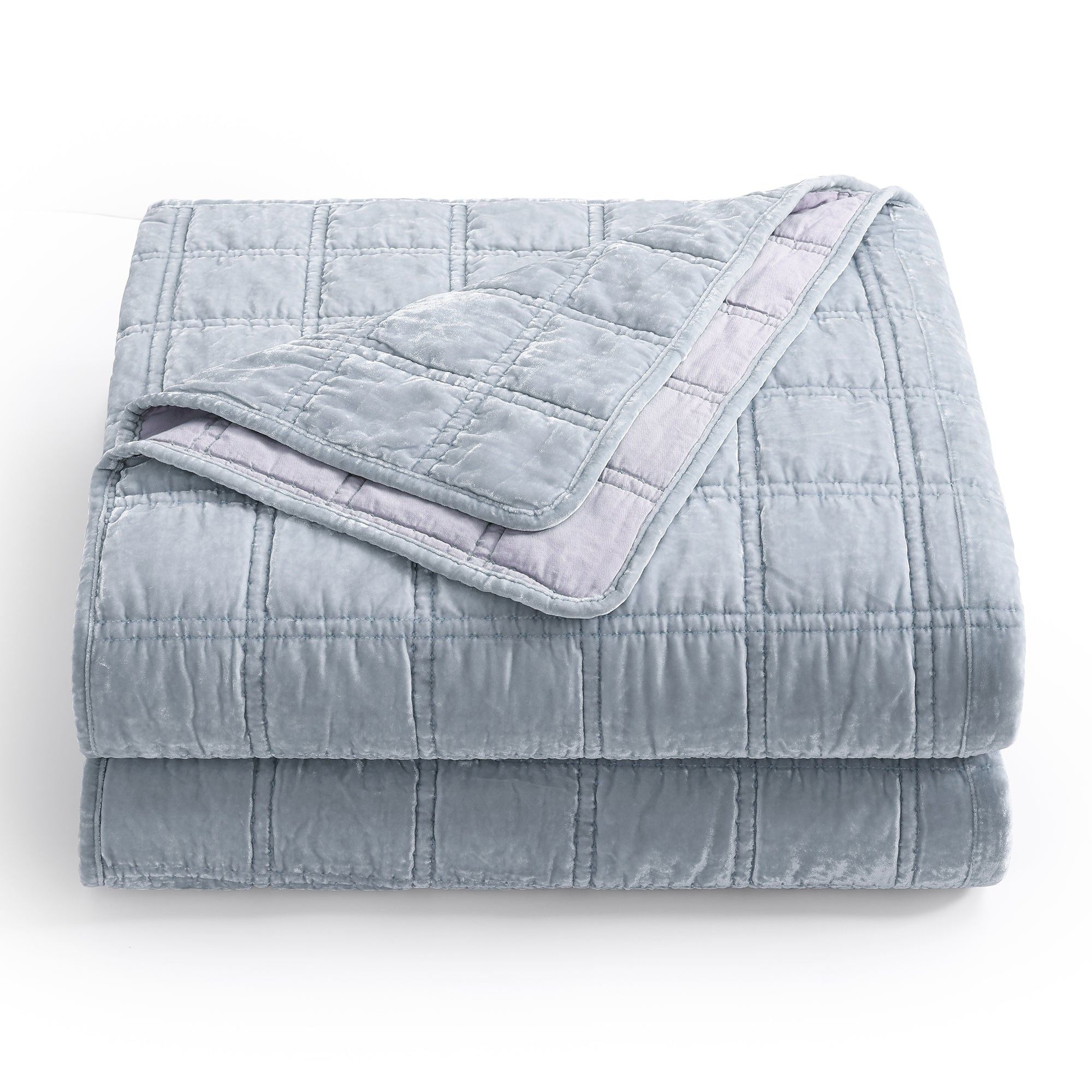 Stella - King Faux Silk Velvet Double Box Stitch Quilt Set (Set of 3) - Icy Blue