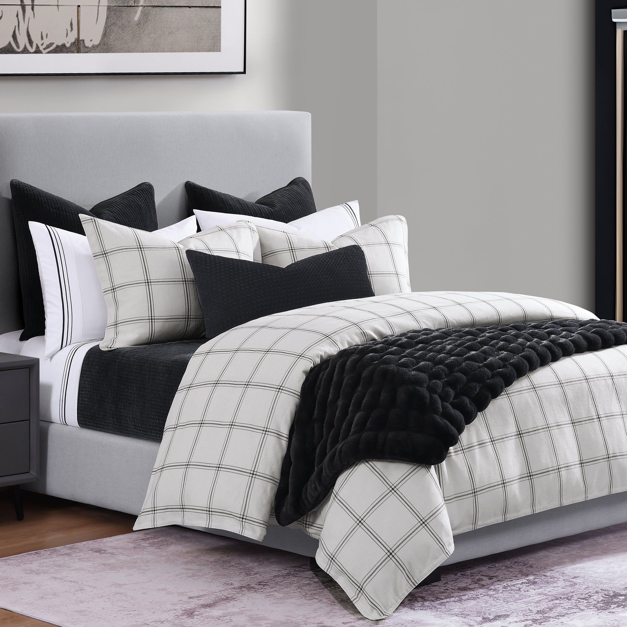 Windowpane - King Plaid Duvet Cover Set (Set of 3) - White