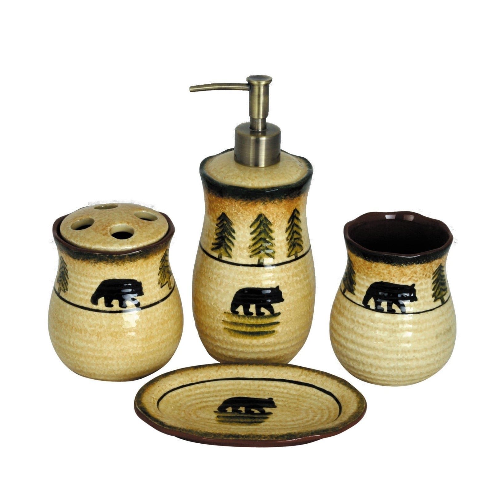 Rustic Bear - Ceramic Forest Countertop Bathroom Set (Set of 4), 4 Per Carton - Tan / Brown