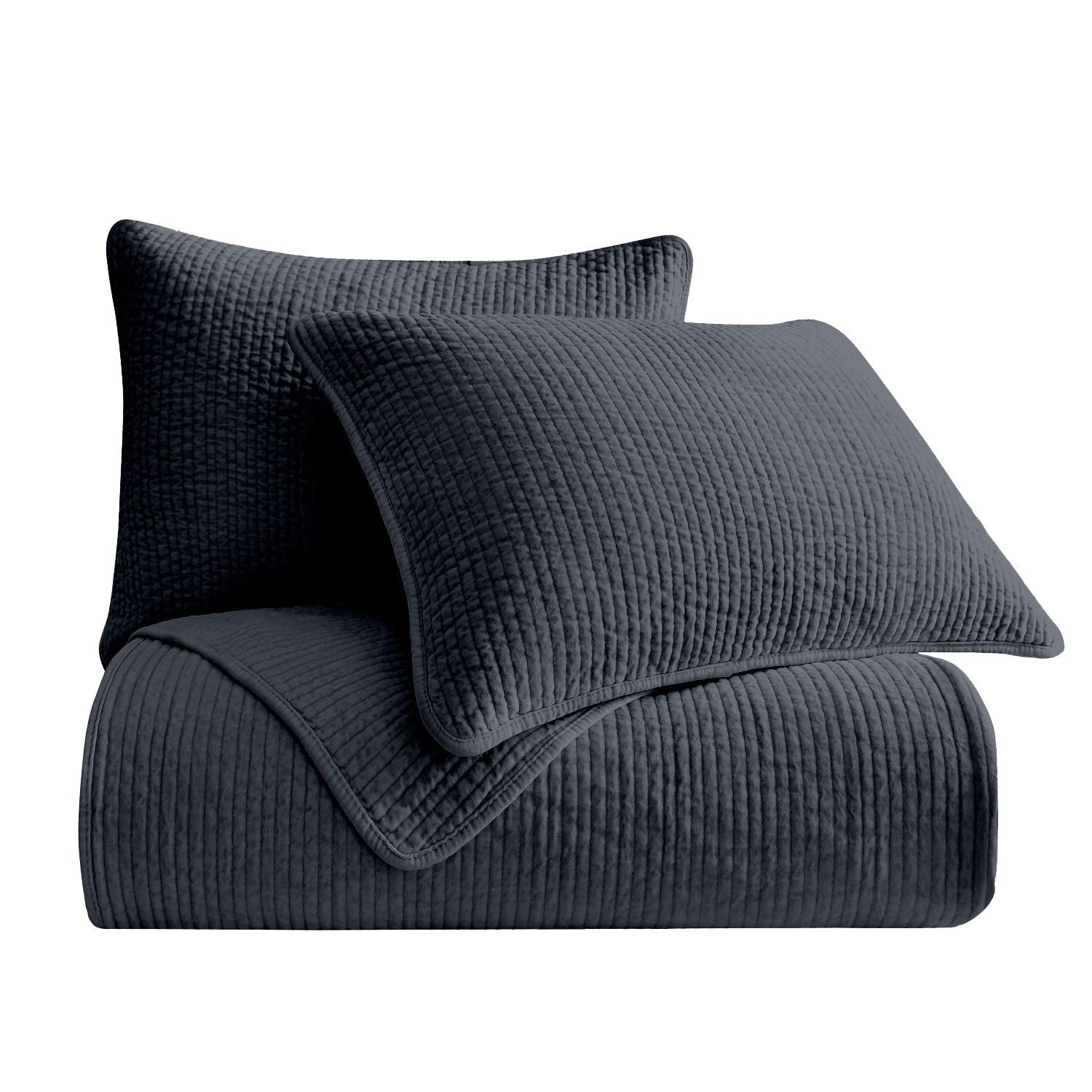 Stonewashed Cotton Velvet - King Quilt Set (Set of 3) - Navy