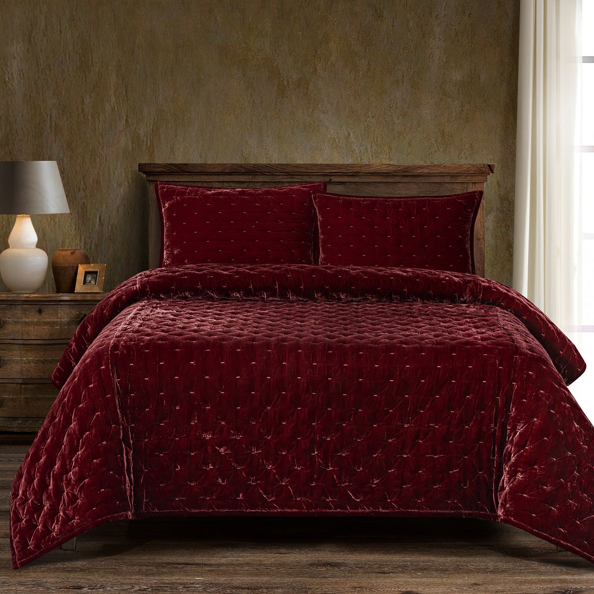 Stella - Full/Queen Faux Silk Velvet Pintuck Quilt Set (Set of 3) - Garnet Red