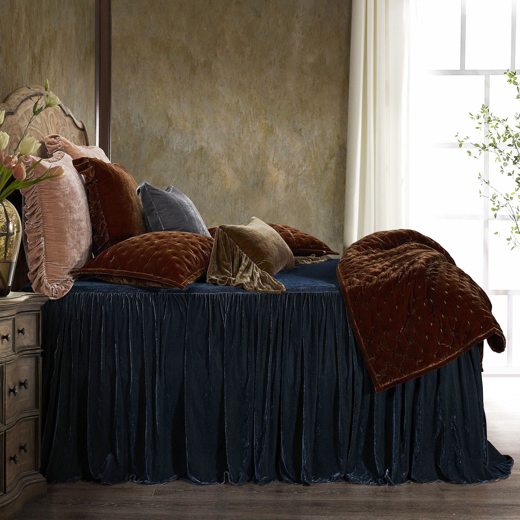 Stella - Queen Faux Silk Velvet Bedspread Set (Set of 3) - Midnight Blue