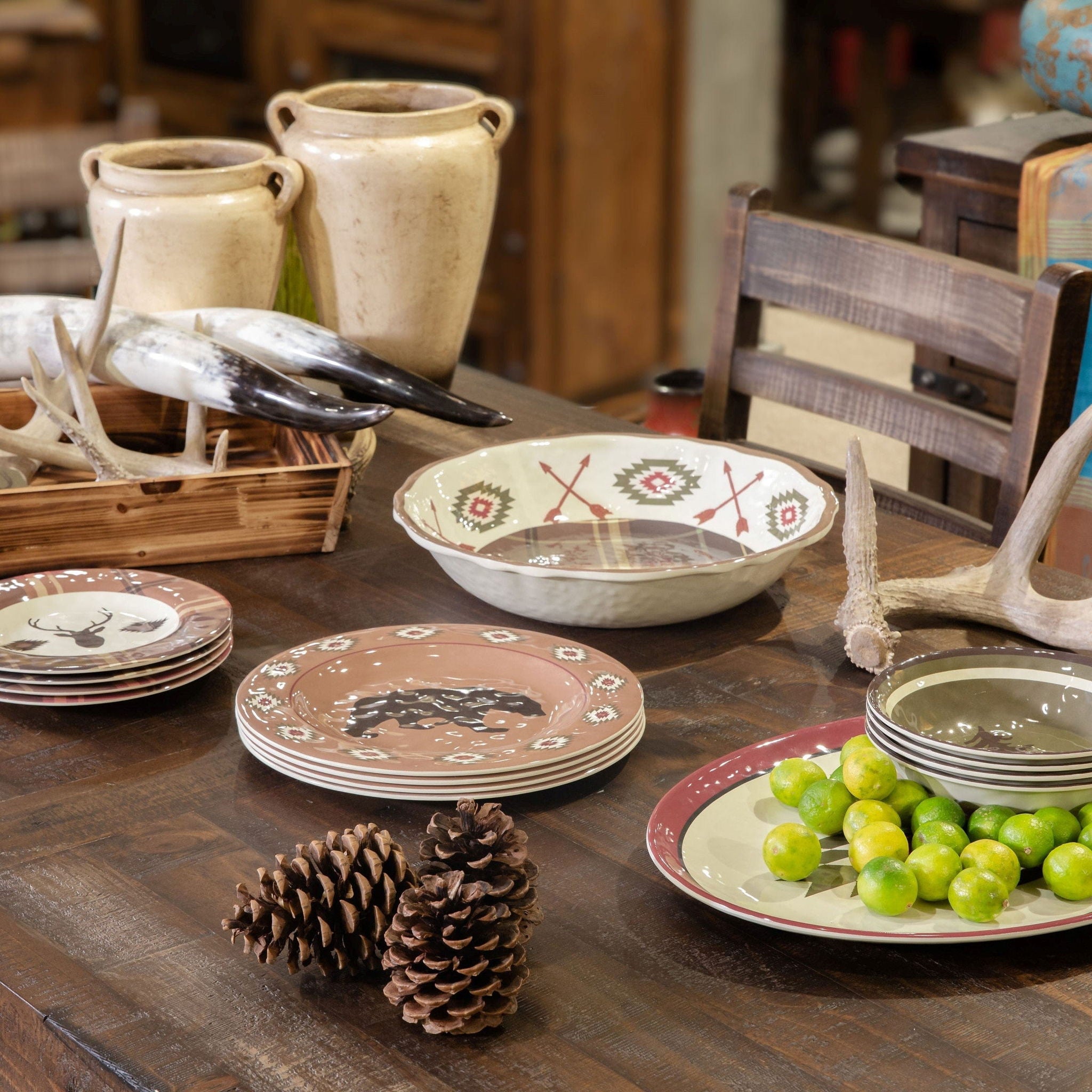Aztec Bear - Melamine Dinnerware Set (Set of 14), 2 Per Carton - Brown / Red