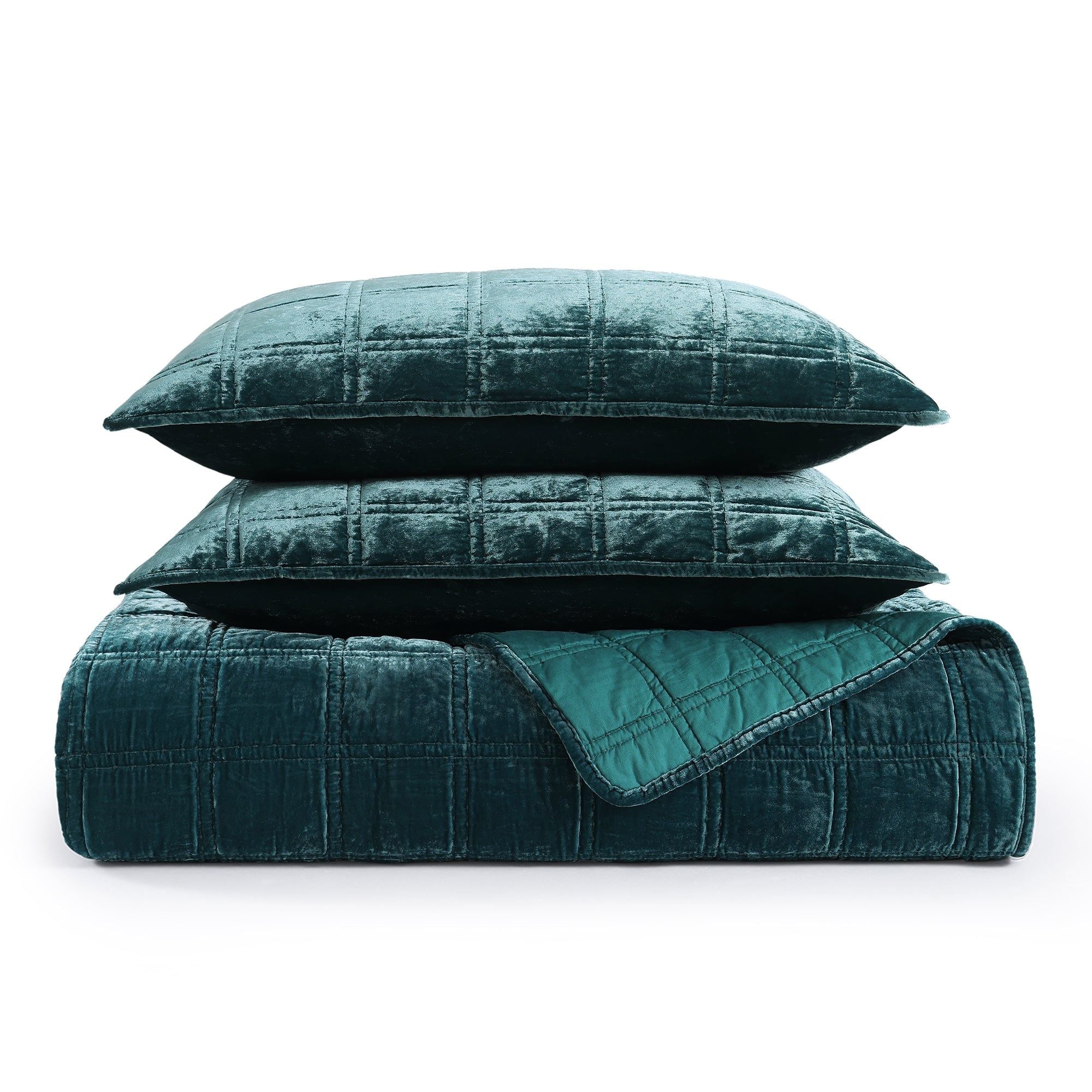 Stella - King Faux Silk Velvet Double Box Stitch Quilt Set (Set of 3) - Storm Blue