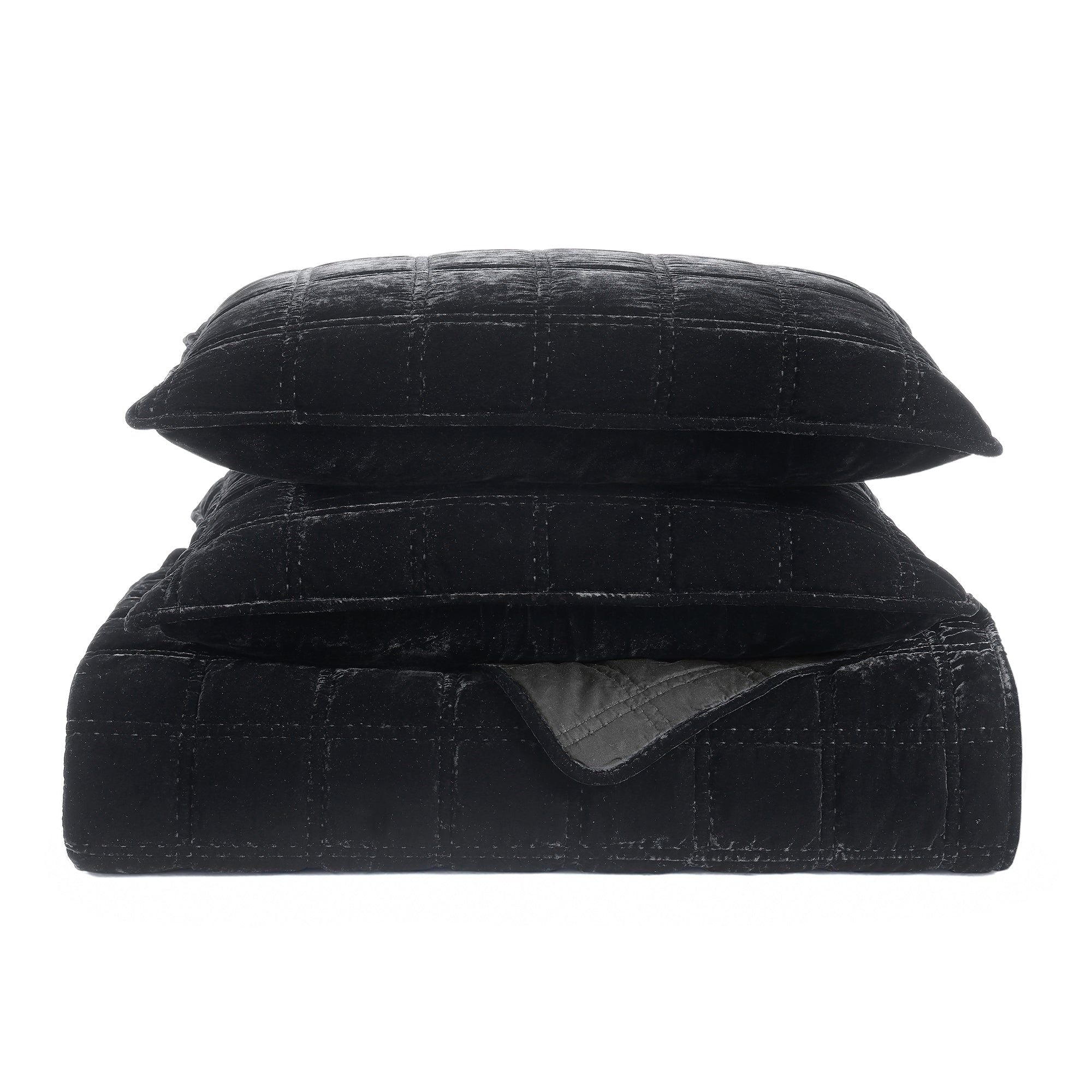 Stella - Full/Queen Faux Silk Velvet Double Box Stitch Quilt Set (Set of 3) - Black