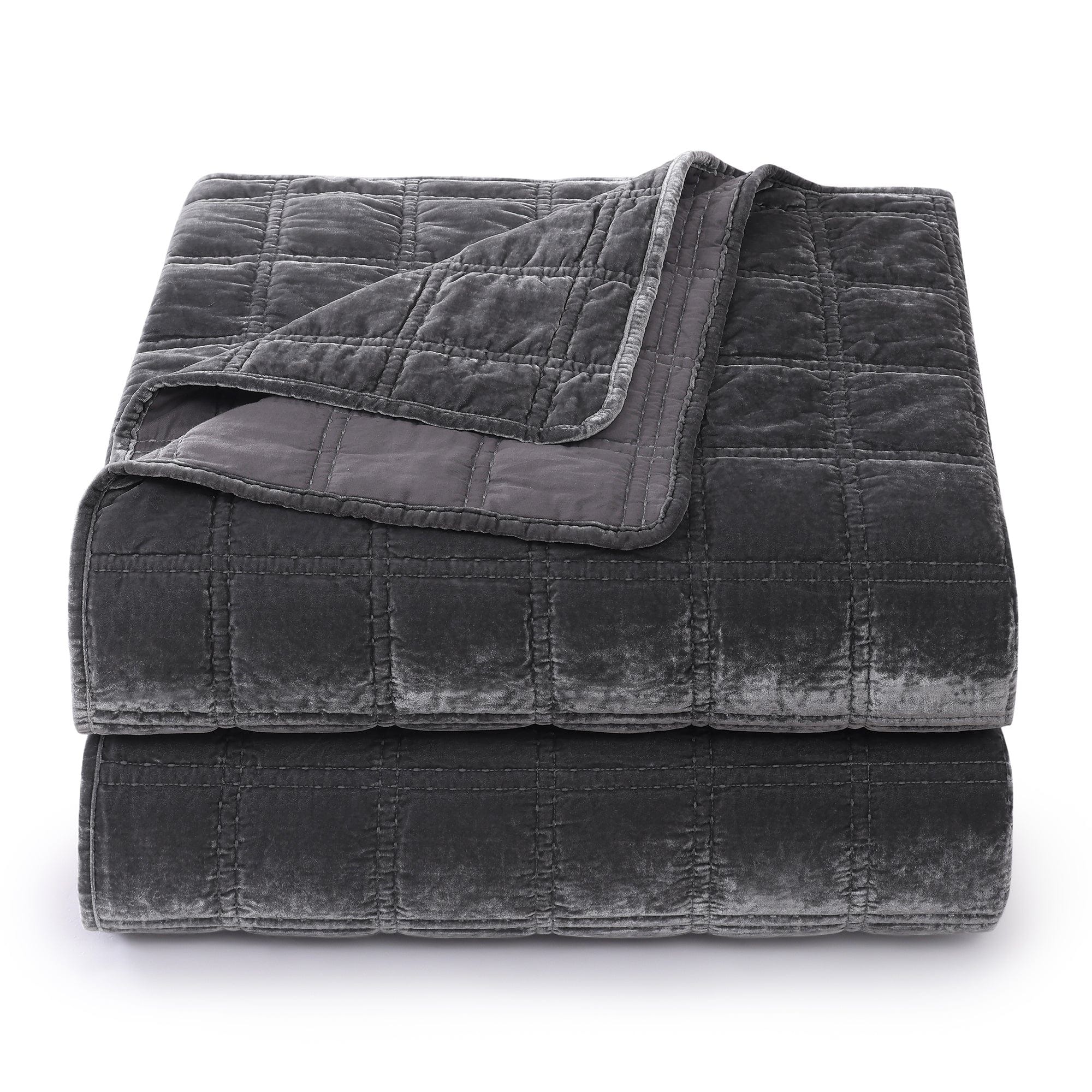 Stella - King Faux Silk Velvet Double Box Stitch Quilt Set (Set of 3) - Slate
