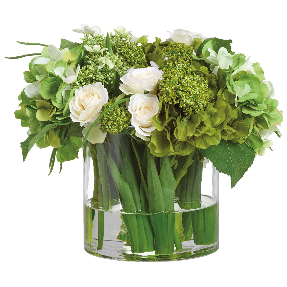 Hydrangea/Rose Mix in Glass Vase Green Cream
