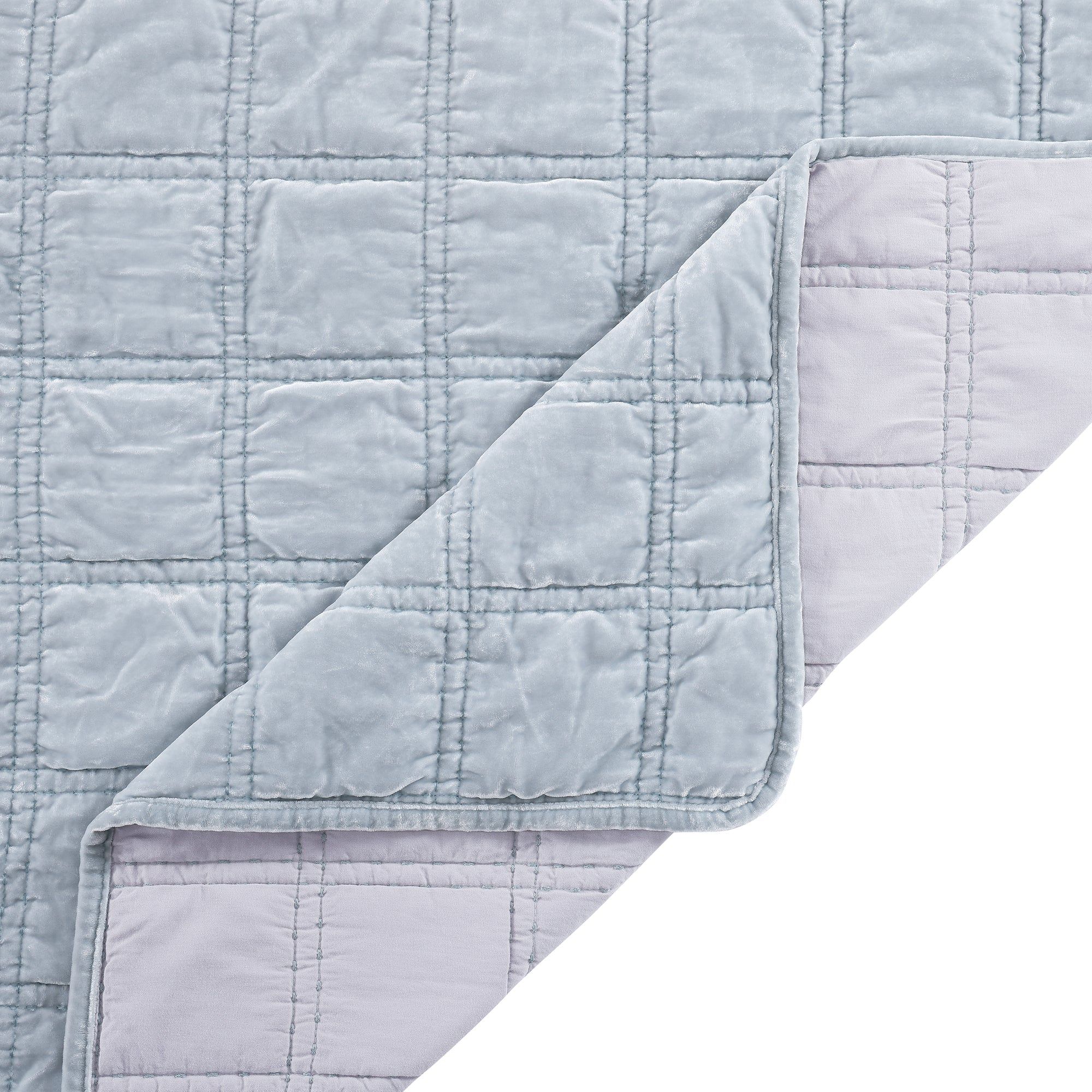 Stella - Full/Queen Faux Silk Velvet Double Box Stitch Quilt Set (Set of 3) - Icy Blue
