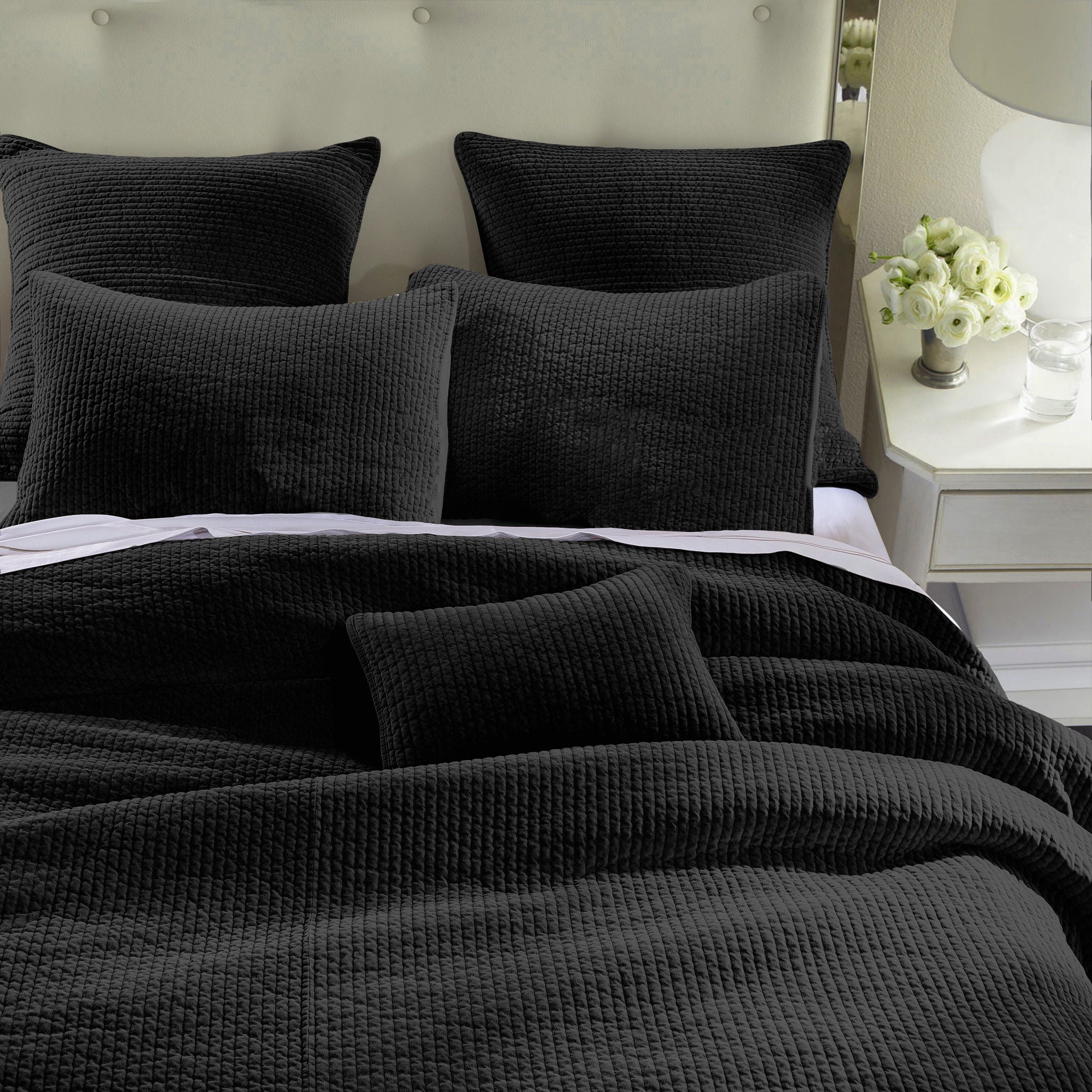 Stonewashed Cotton Velvet - King Quilt Set (Set of 3) - Black