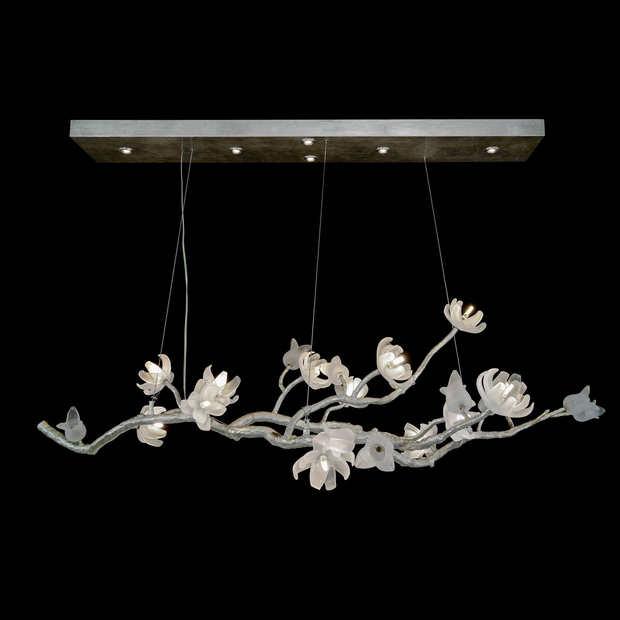 Churippu Magnolia & Tulip Glass Silver Leaf Oblong Nineteen-Light Chandelier