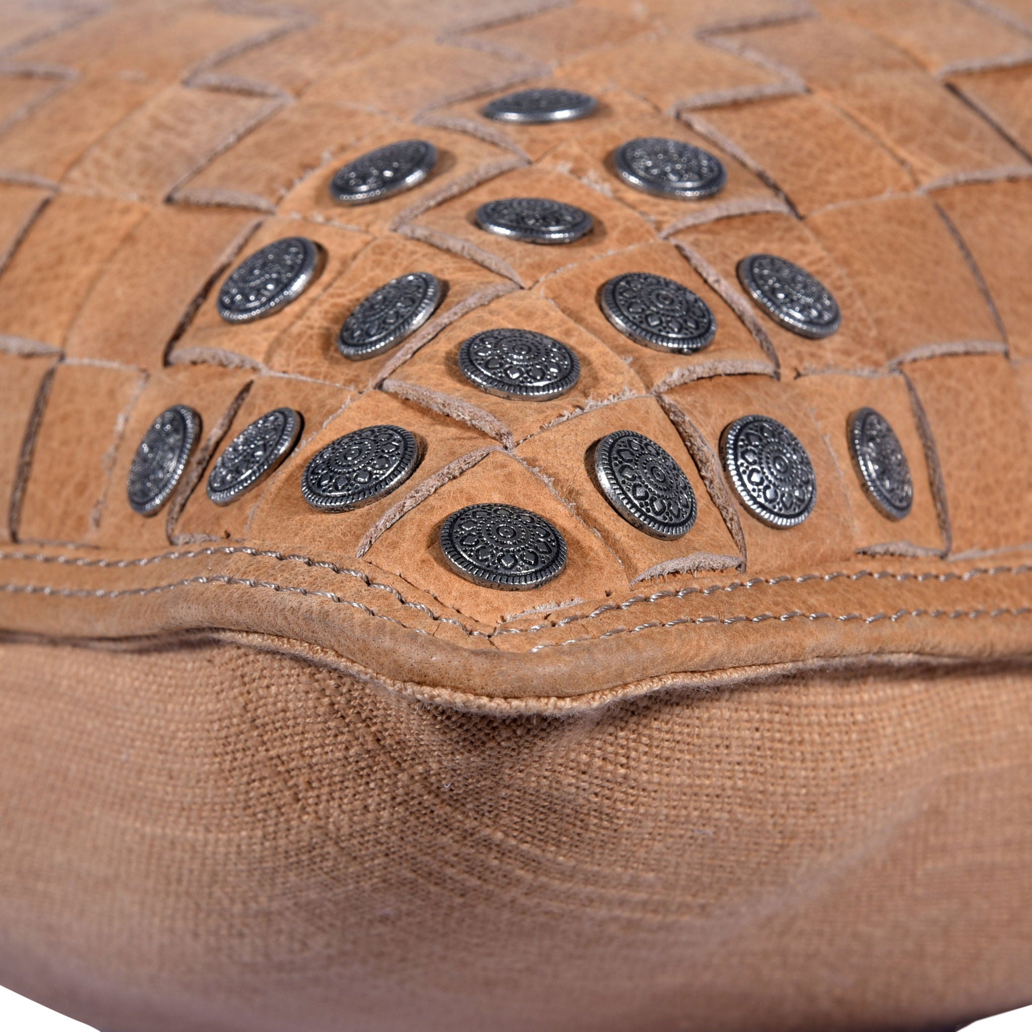 Genuine Leather - Studded Basket Weave Pillow - Tan