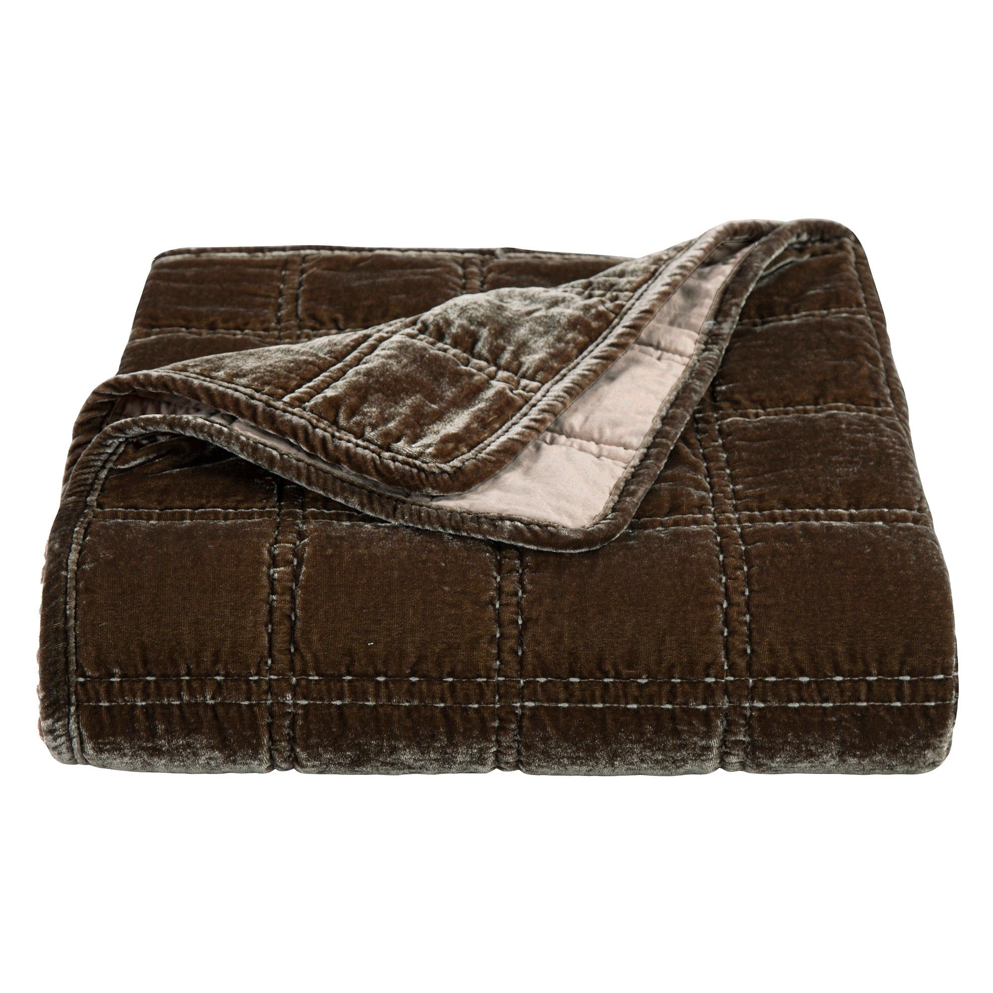 Stella - Faux Silk Velvet Double Box Stitch Throw - Green Ochre
