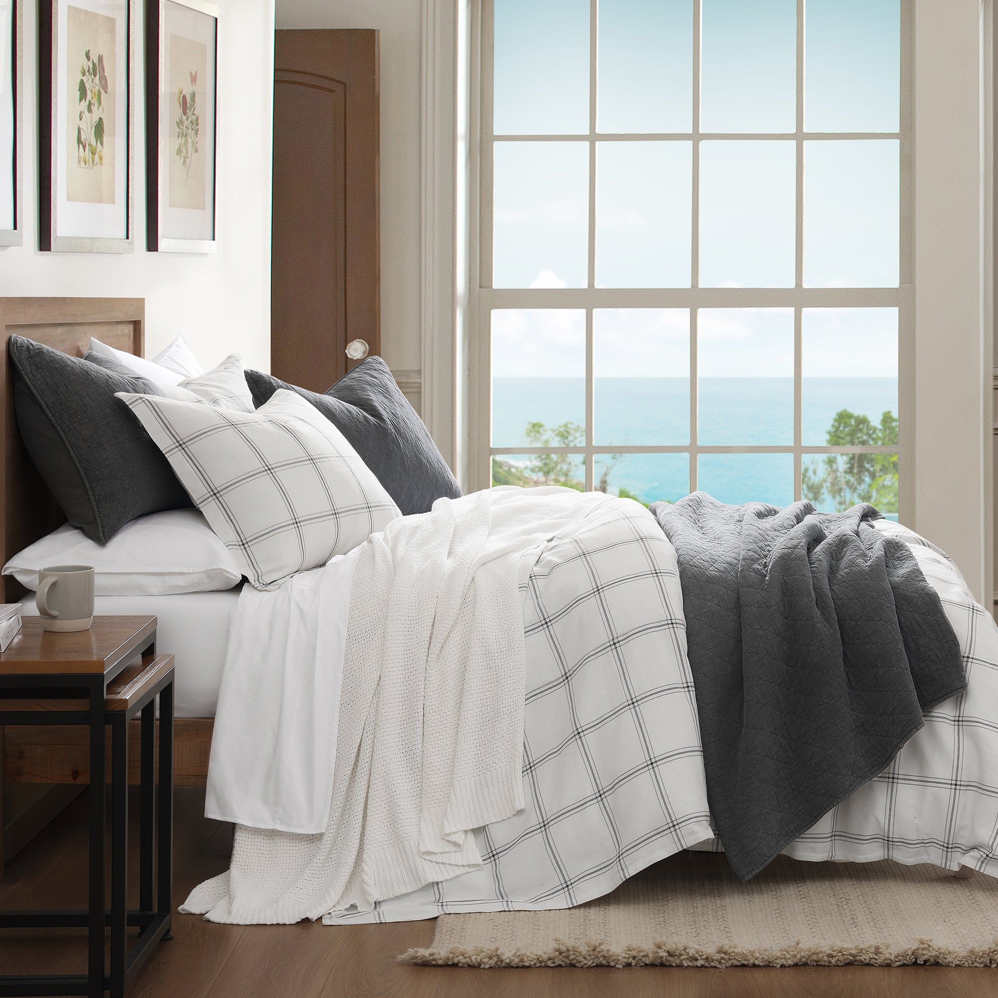 Windowpane - King Plaid Duvet Cover Set (Set of 3) - White
