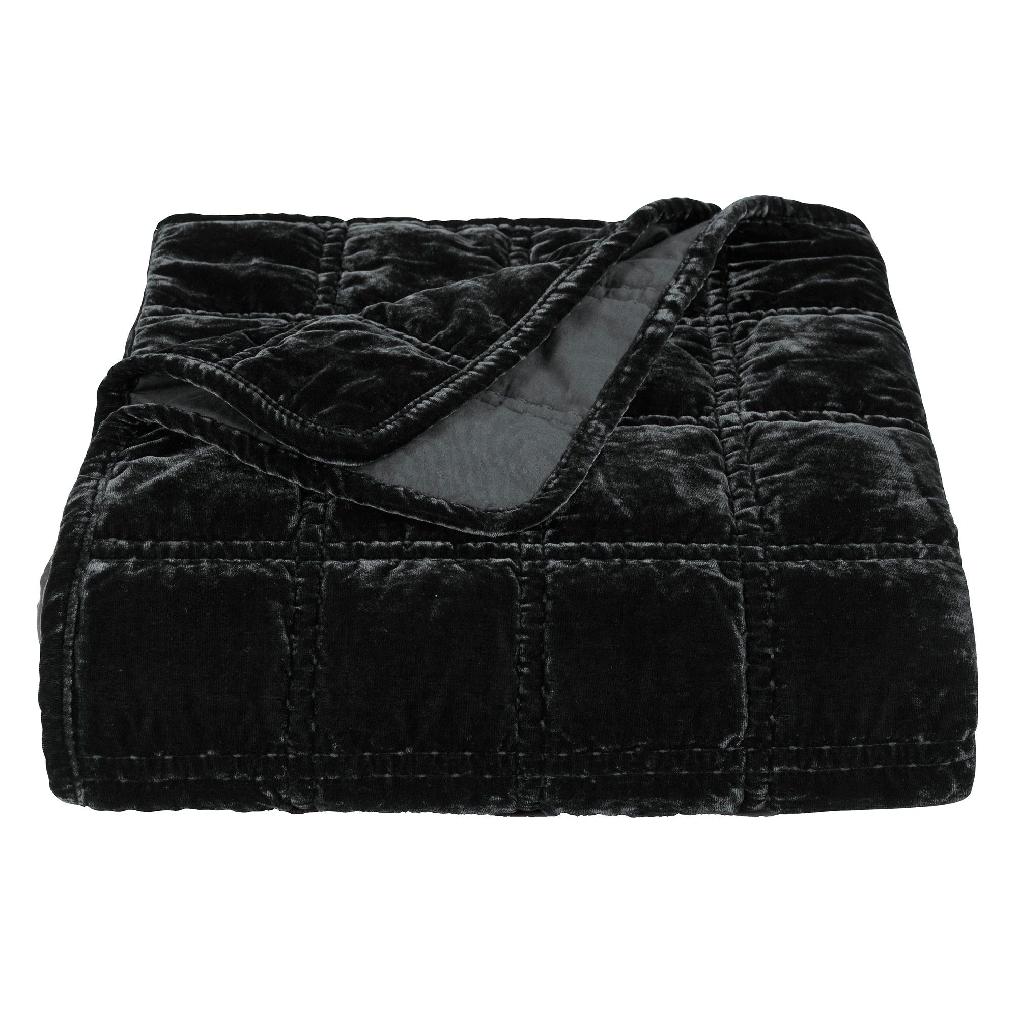 Stella - Faux Silk Velvet Double Box Stitch Throw - Black